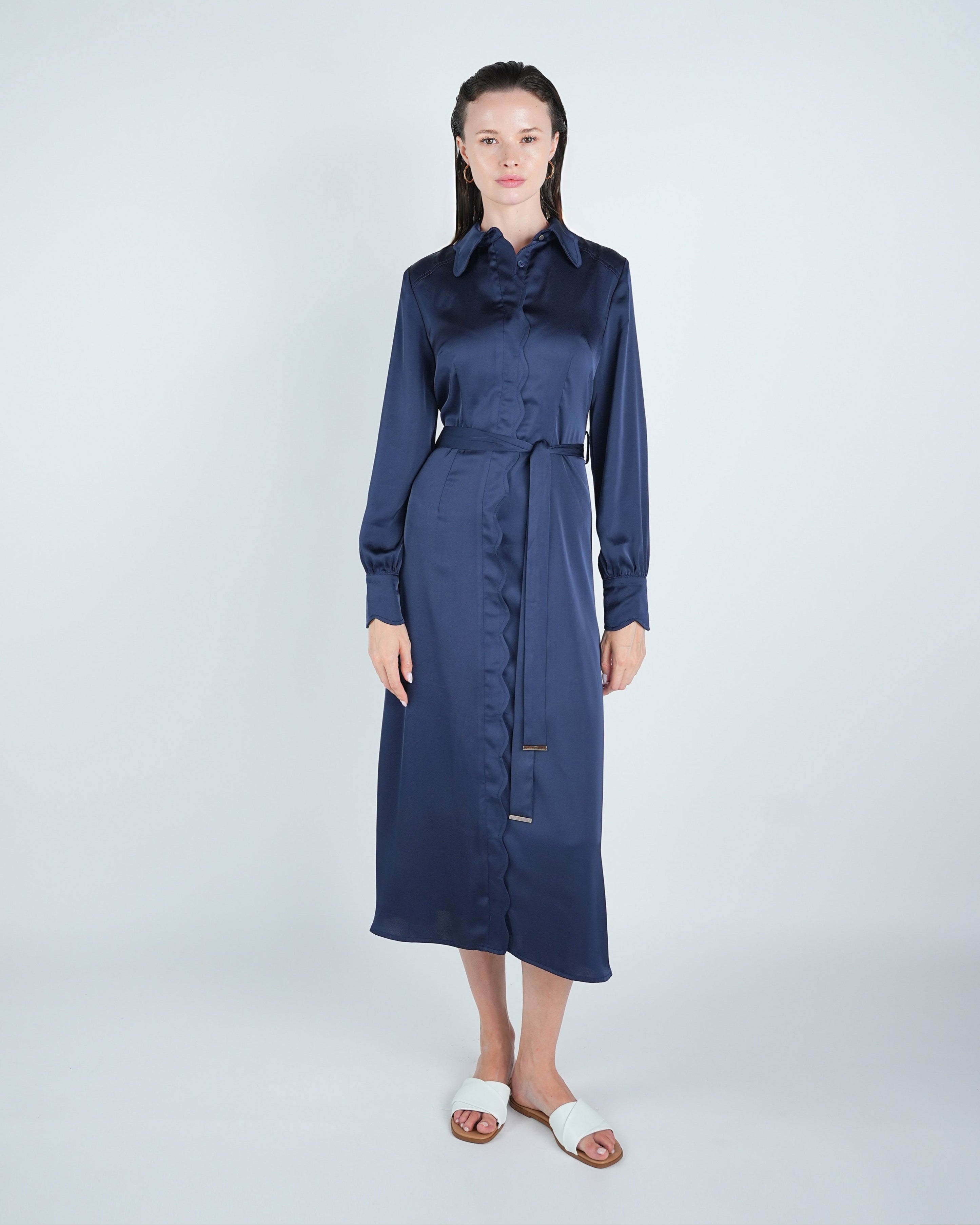 Satin Navy Belted A-Line Midi Dress