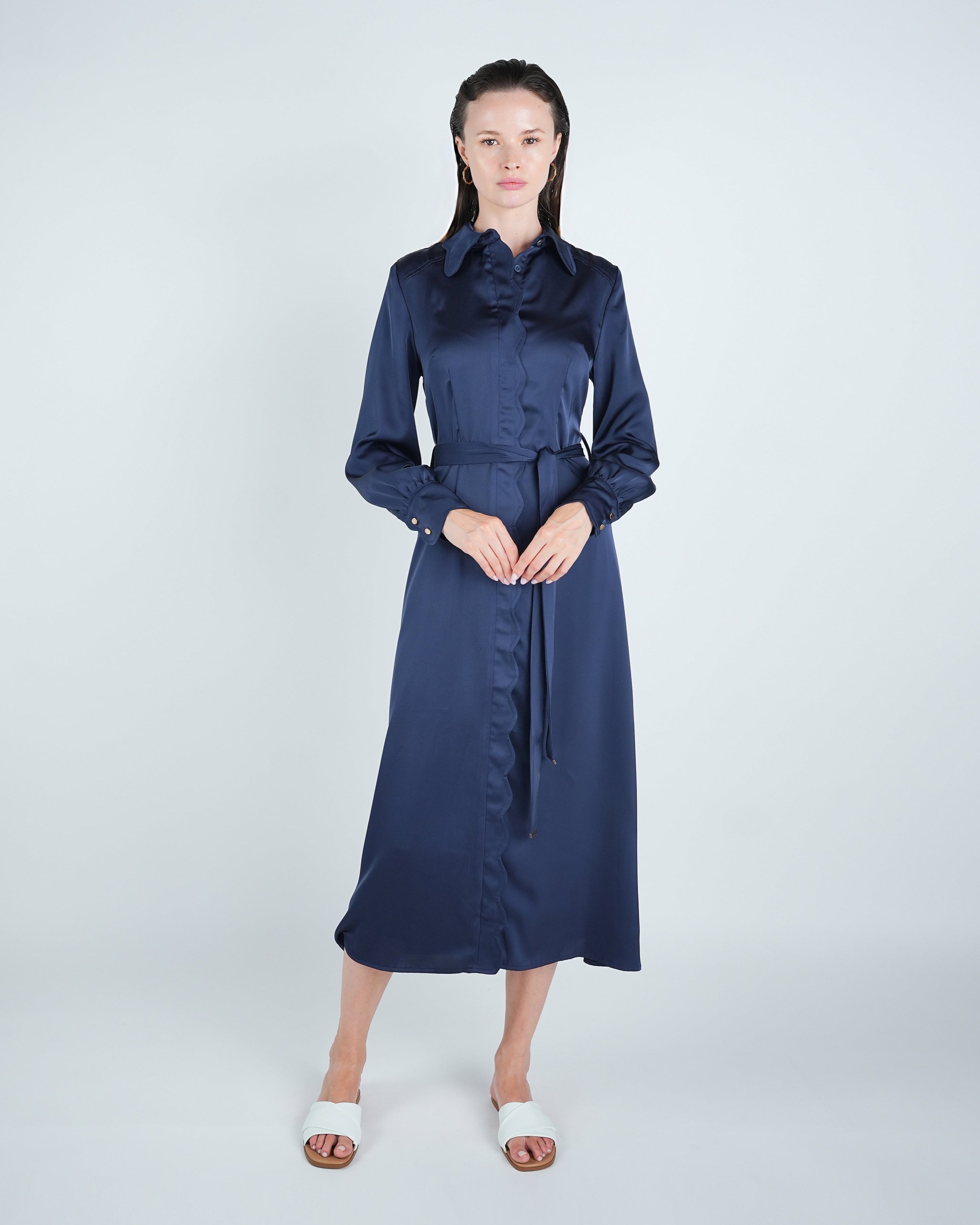Satin Navy Belted A-Line Midi Dress
