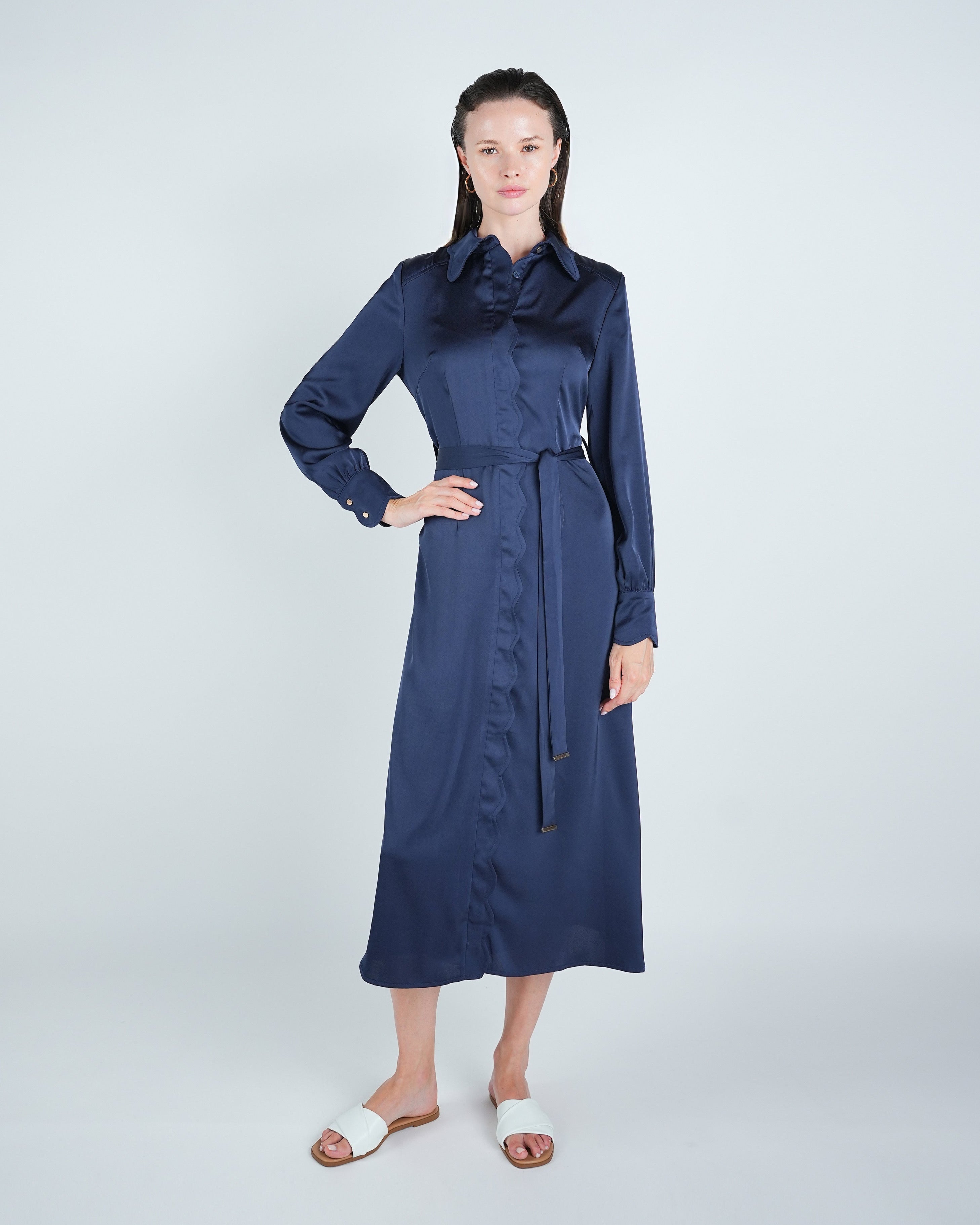 Satin Navy Belted A-Line Midi Dress