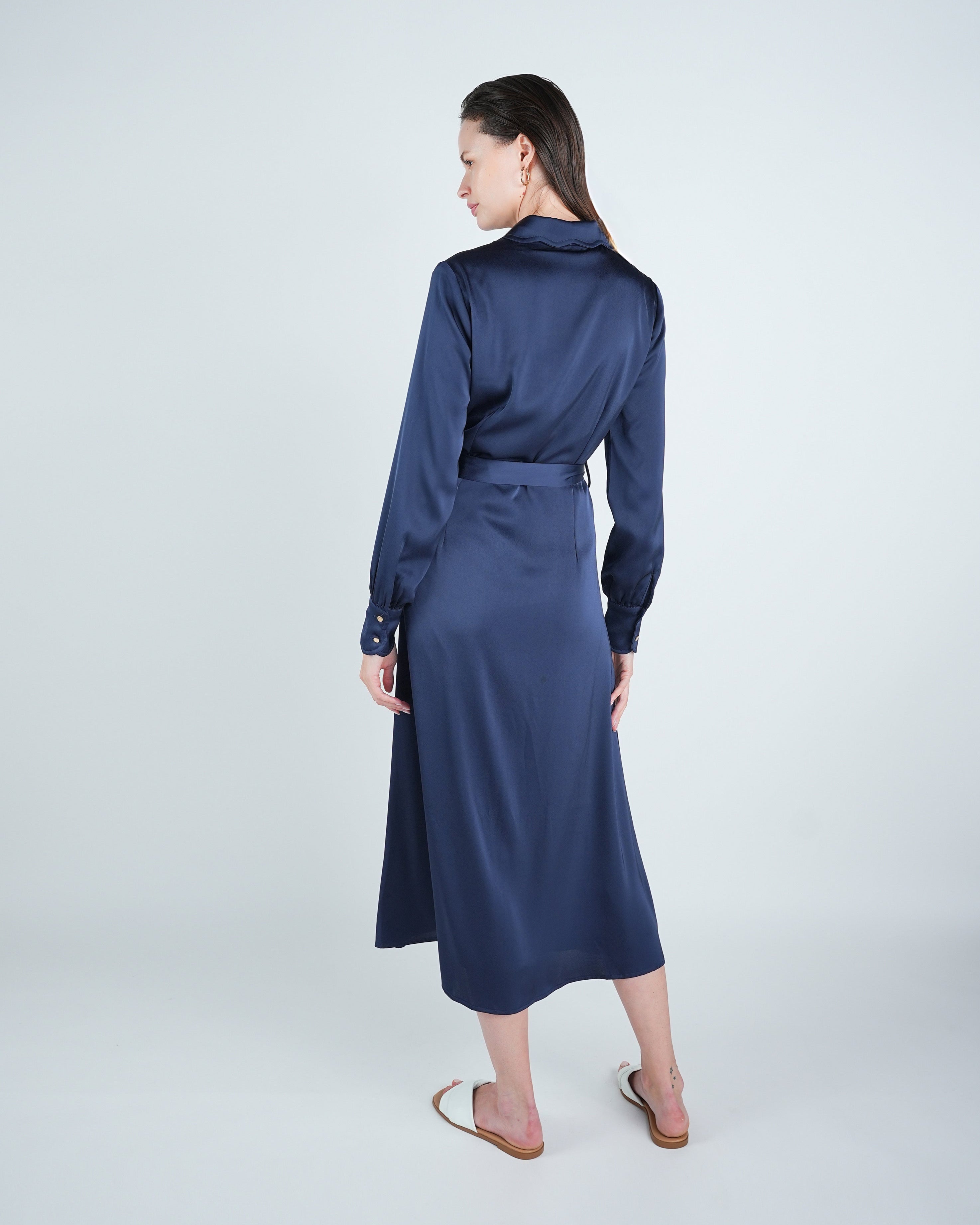 Satin Navy Belted A-Line Midi Dress
