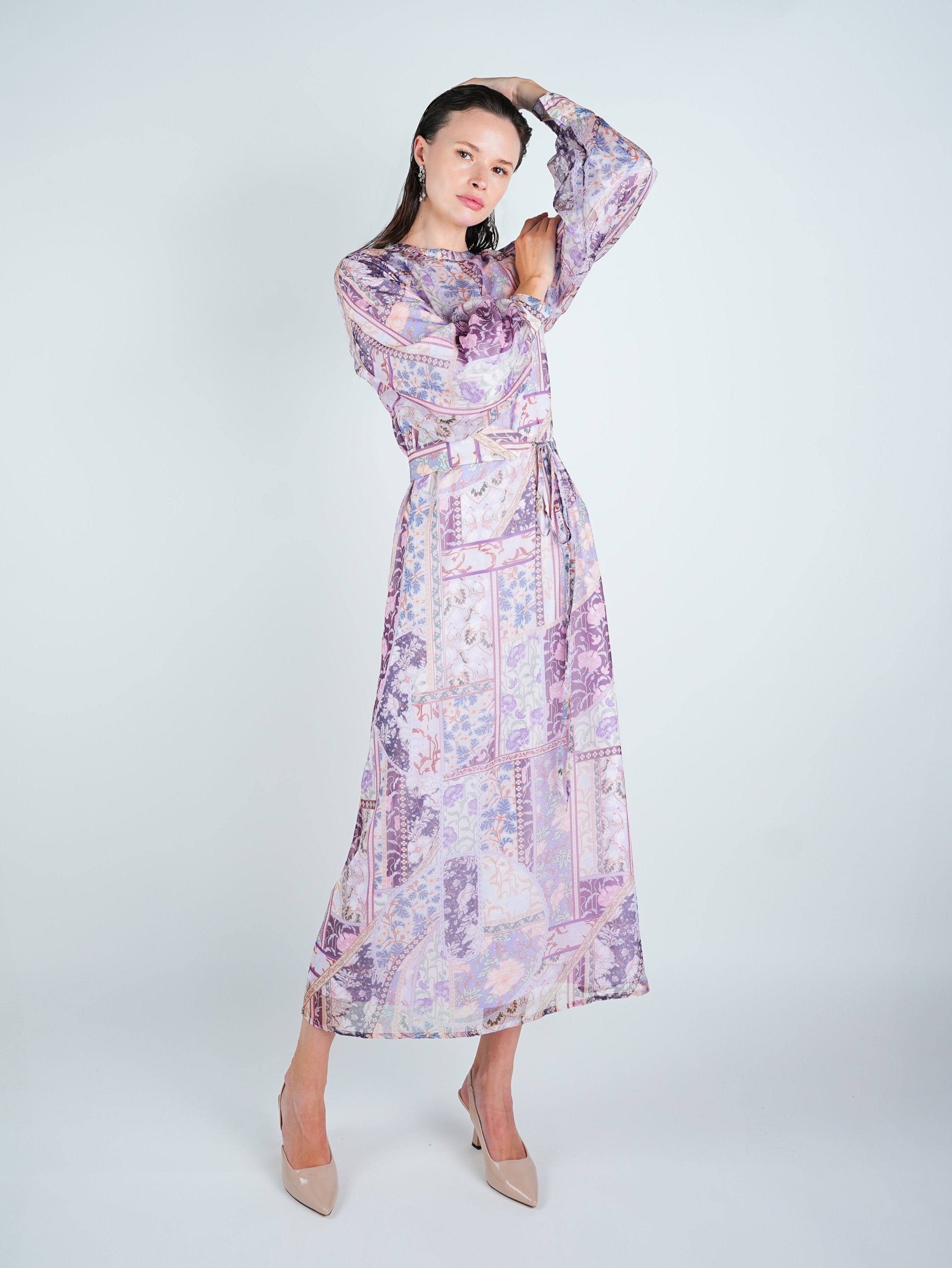Organza Printed Puff Sleeve Maxi Dress