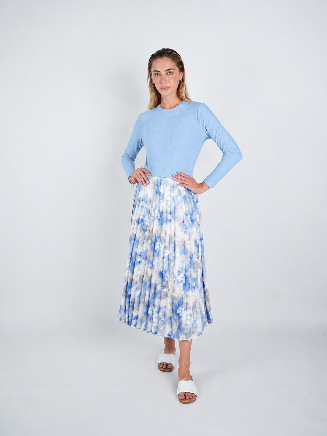 Two Tone Stretch Pleated Midi Dress