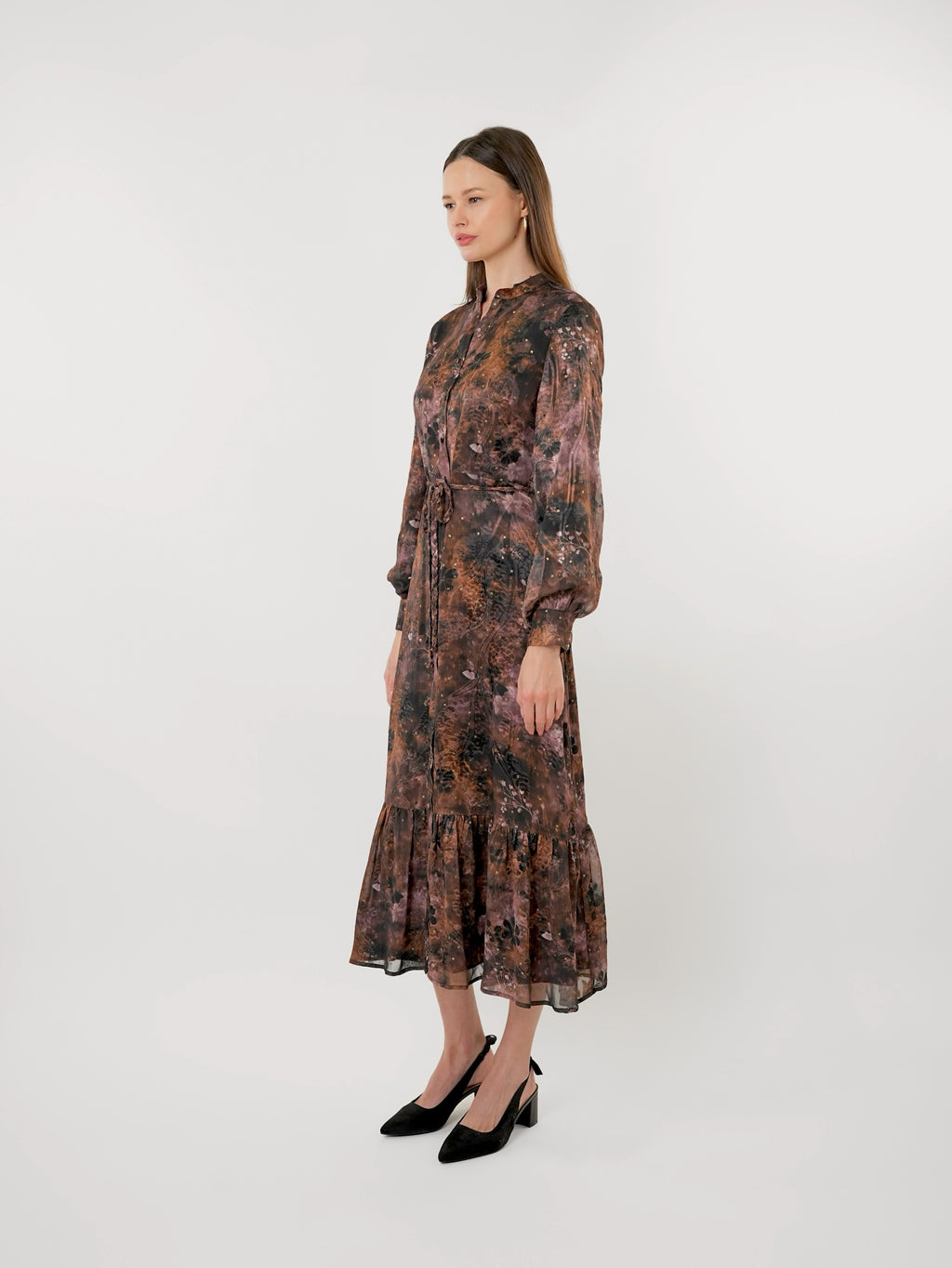 Chiffon Floral Textured Puff Sleeve Maxi Dress