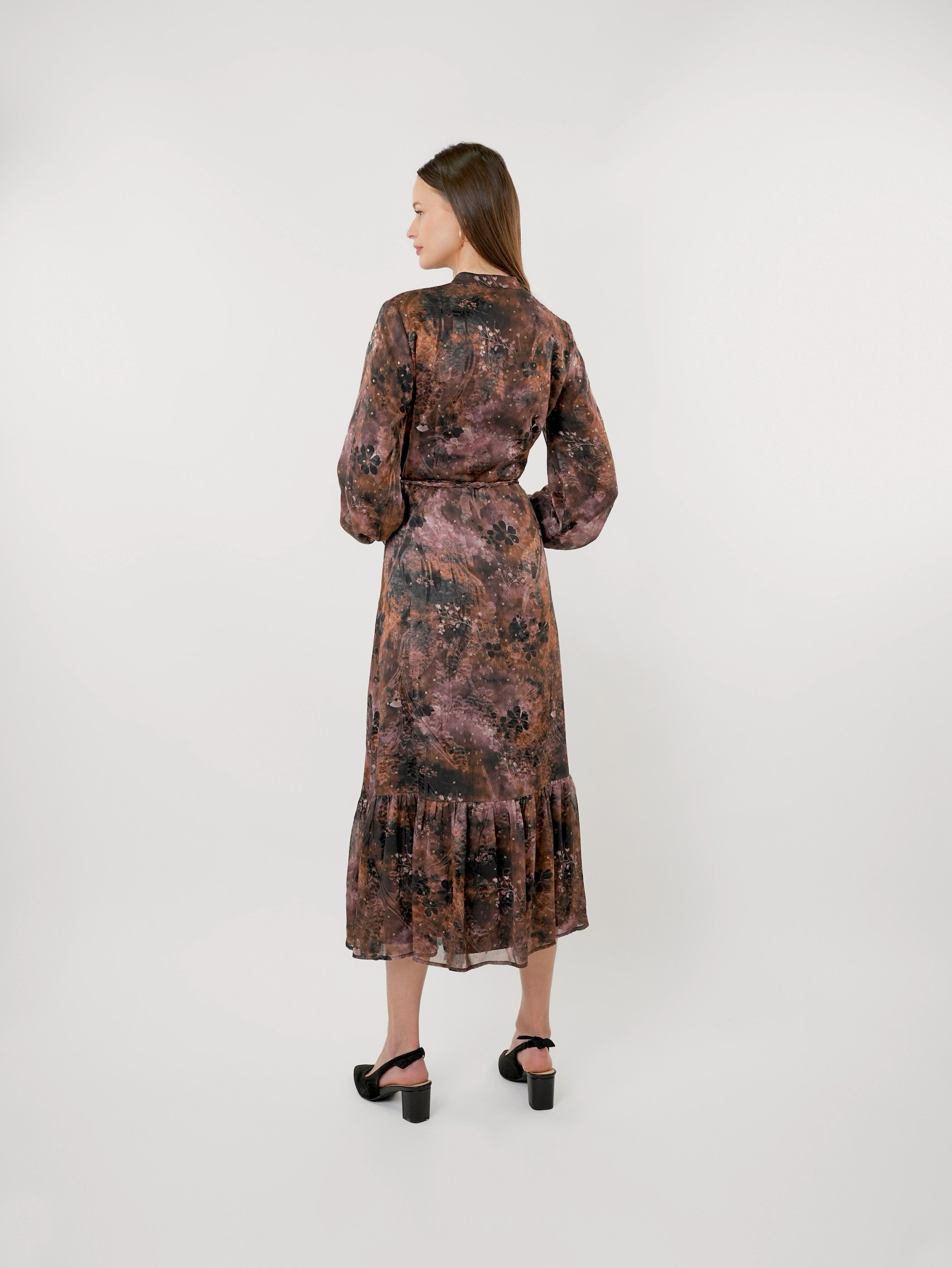 Chiffon Floral Textured Puff Sleeve Maxi Dress