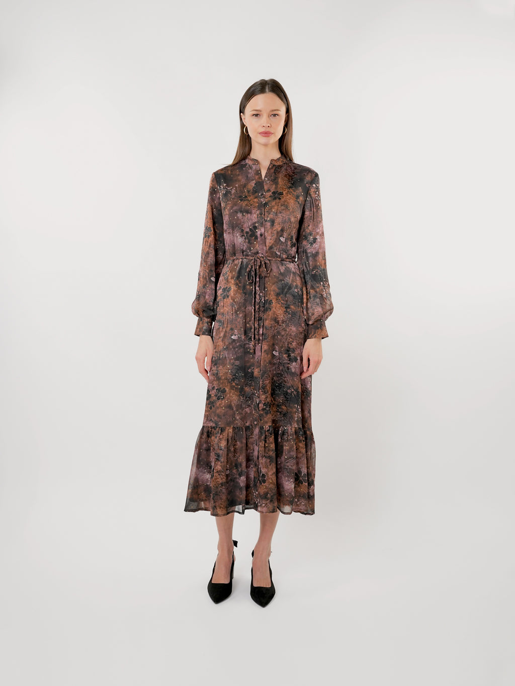 Chiffon Floral Textured Puff Sleeve Maxi Dress