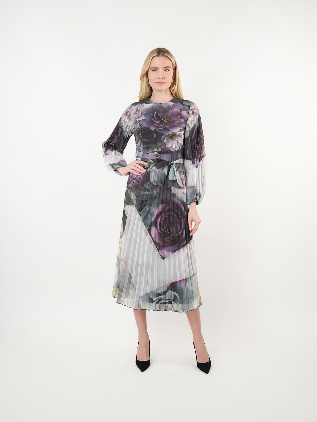 Placement Floral Pleated Midi Dress