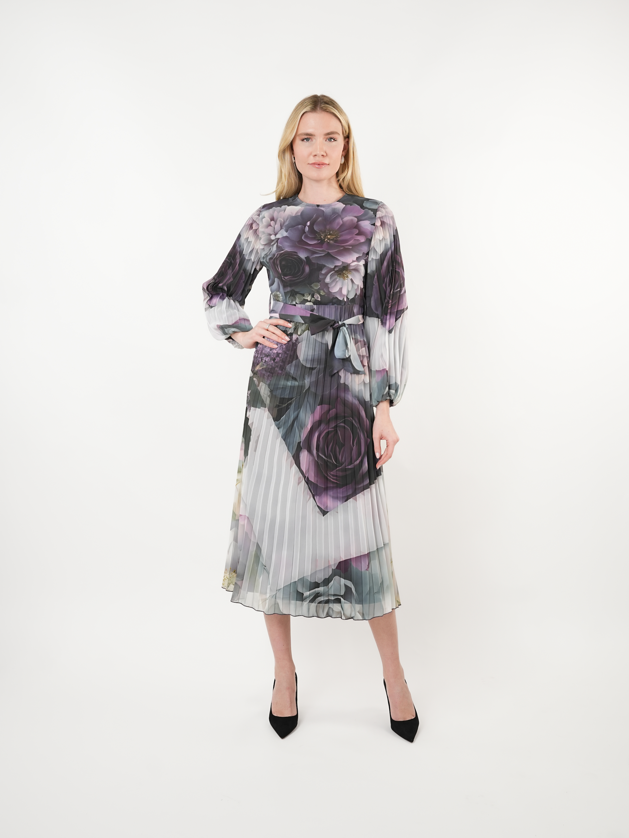 Placement Floral Pleated Midi Dress