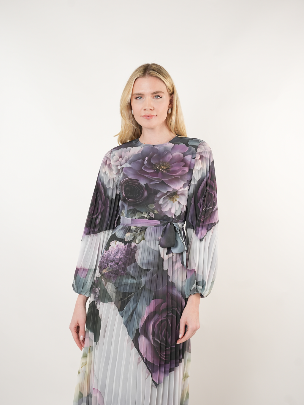 Placement Floral Pleated Midi Dress