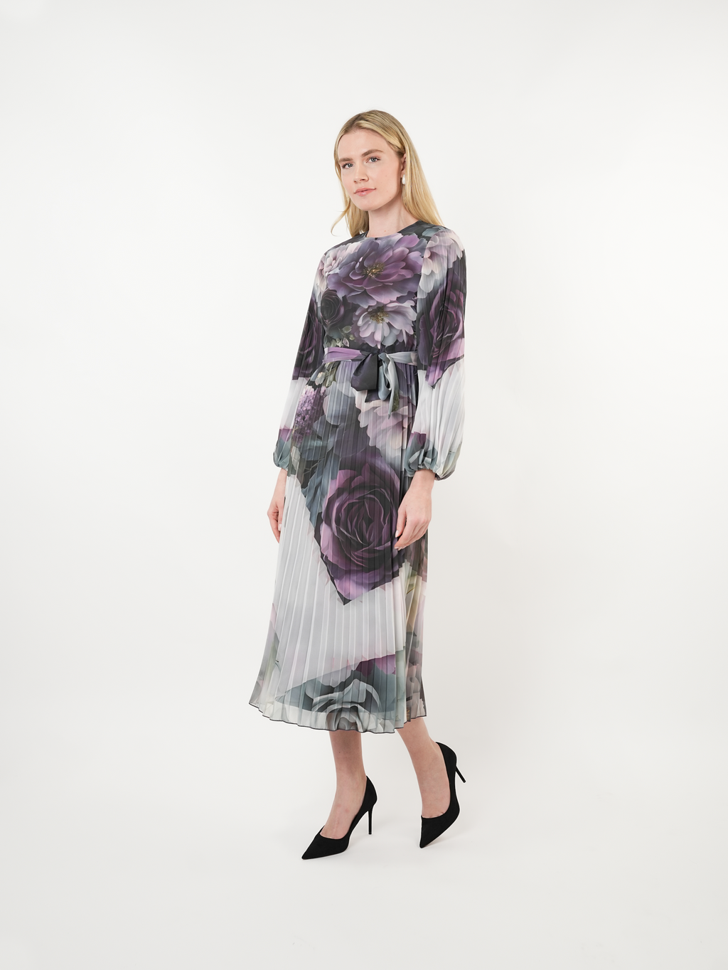 Placement Floral Pleated Midi Dress