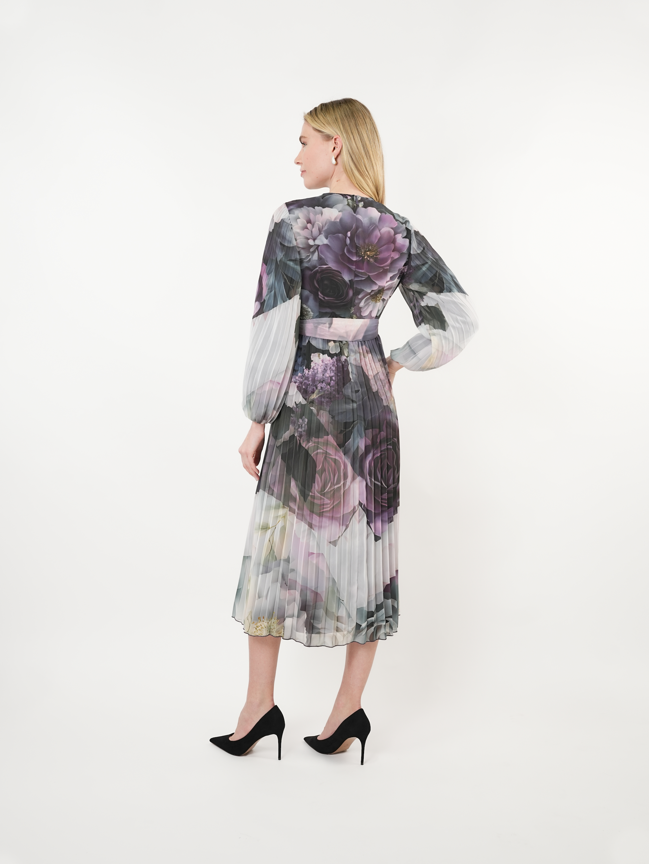 Placement Floral Pleated Midi Dress
