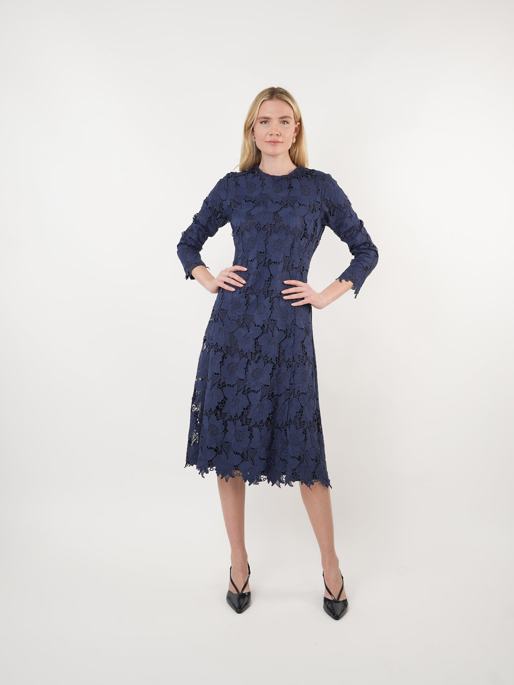 Navy Floral Lace Midi Dress