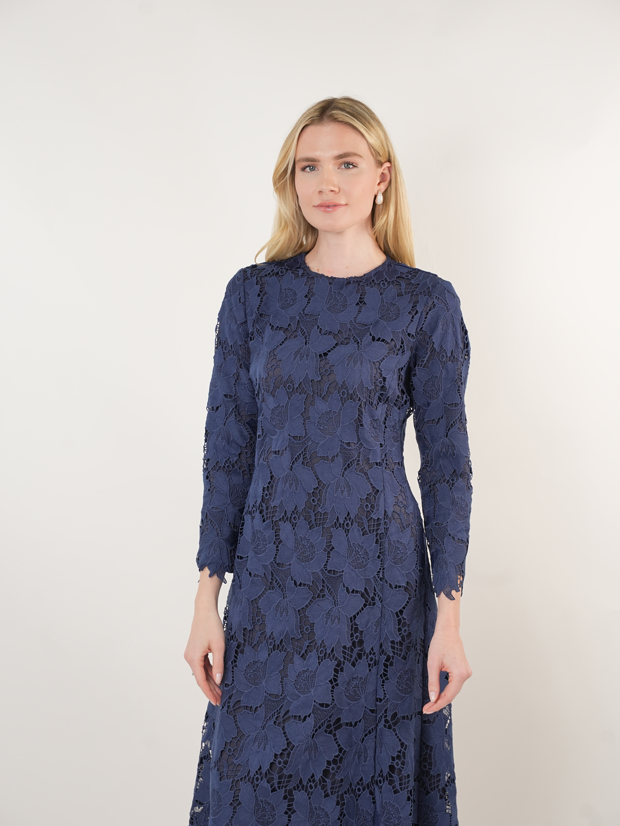 Navy Floral Lace Midi Dress