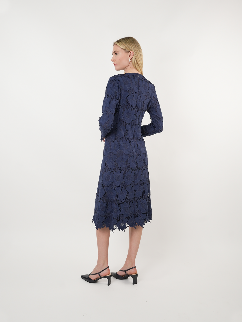 Navy Floral Lace Midi Dress