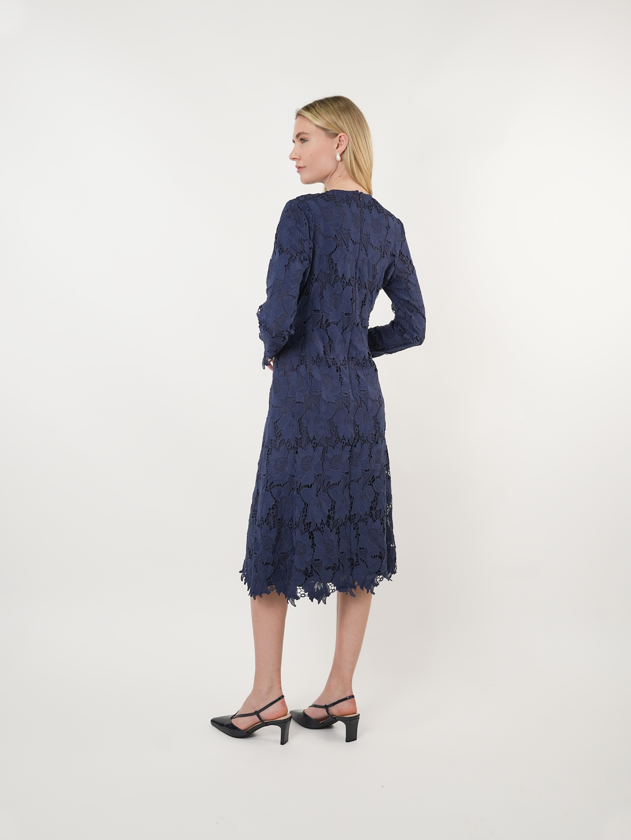 Navy Floral Lace Midi Dress