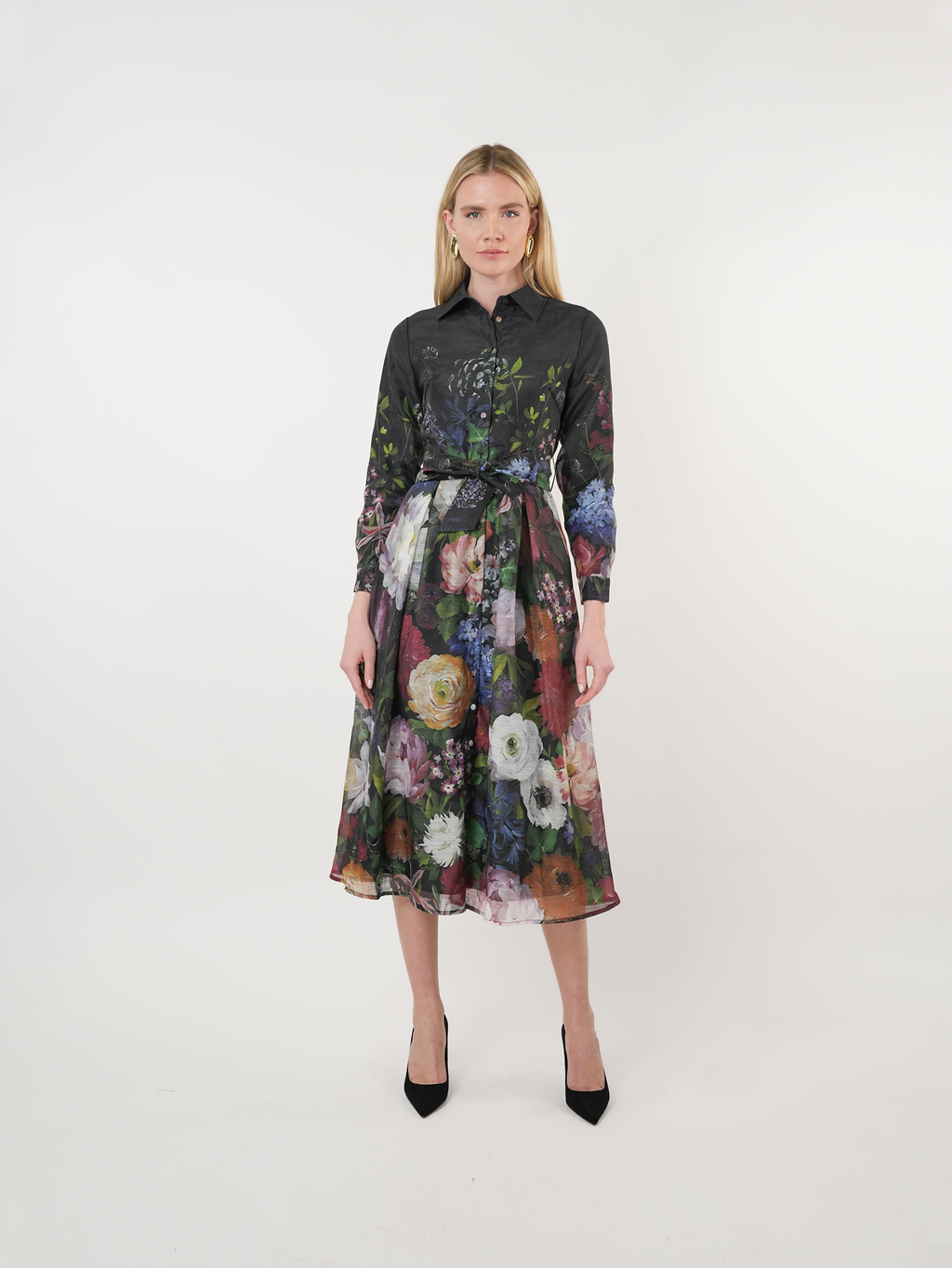 Taffeta Floral Placement Print Shirt Dress