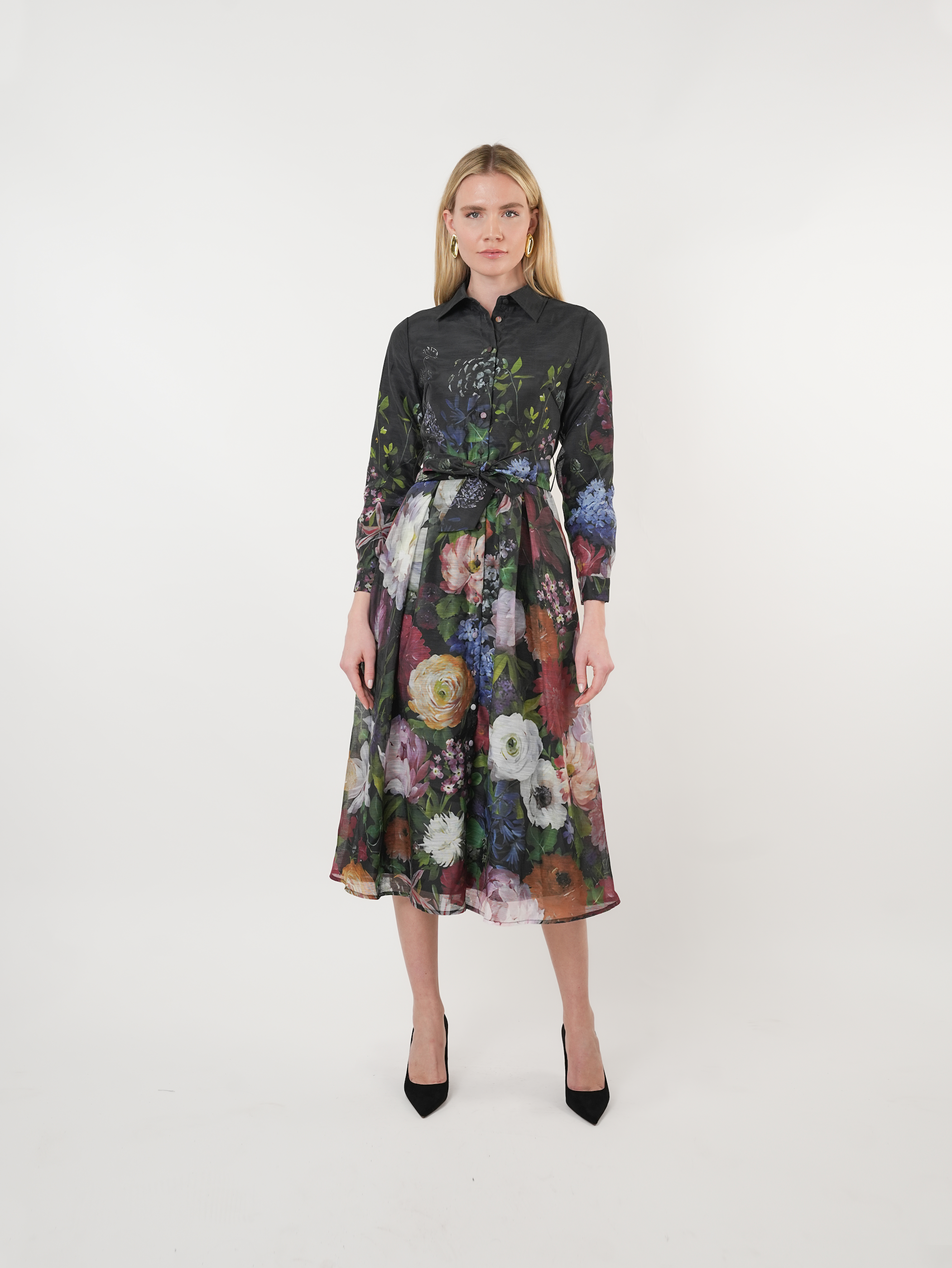 Taffeta Floral Placement Print Shirt Dress