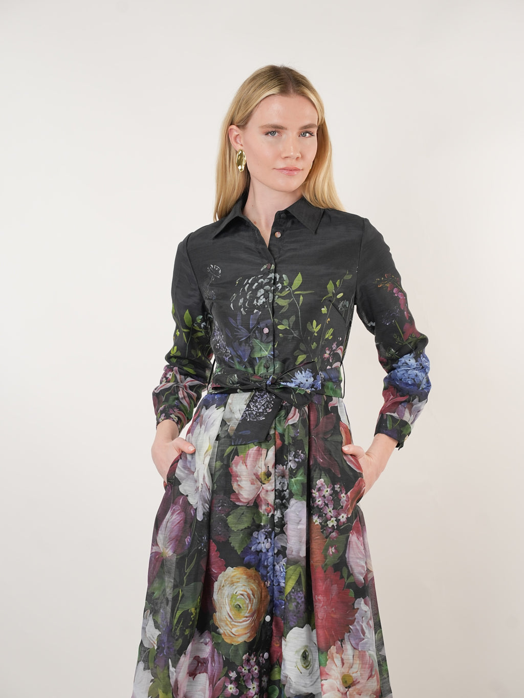 Taffeta Floral Placement Print Shirt Dress