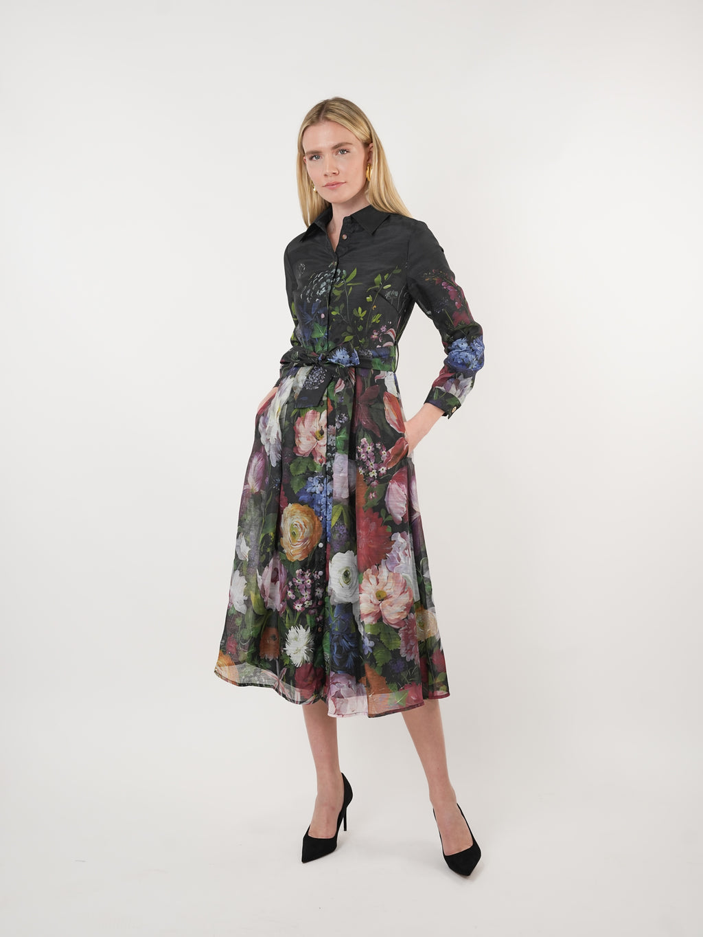Taffeta Floral Placement Print Shirt Dress