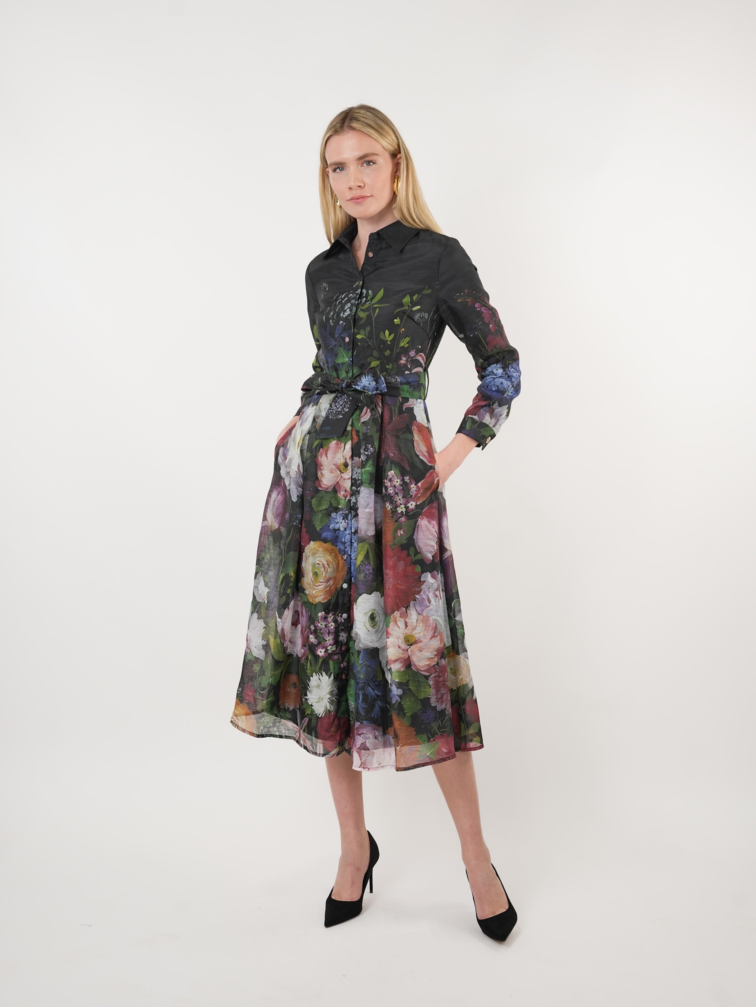 Taffeta Floral Placement Print Shirt Dress