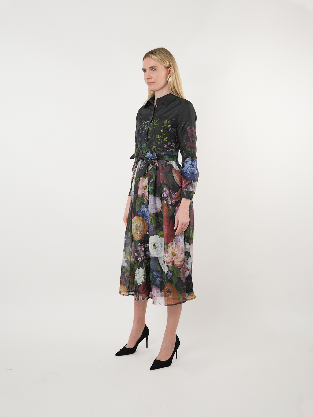 Taffeta Floral Placement Print Shirt Dress
