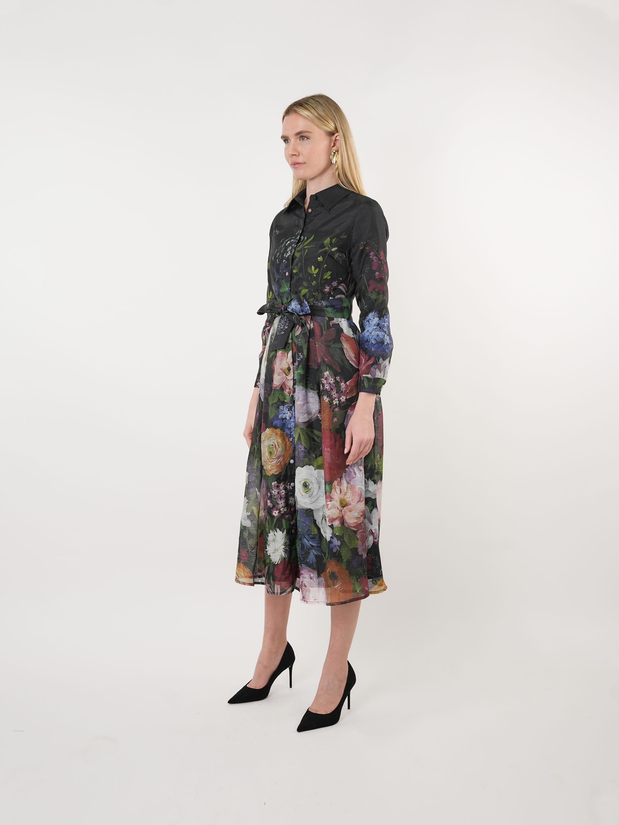 Taffeta Floral Placement Print Shirt Dress