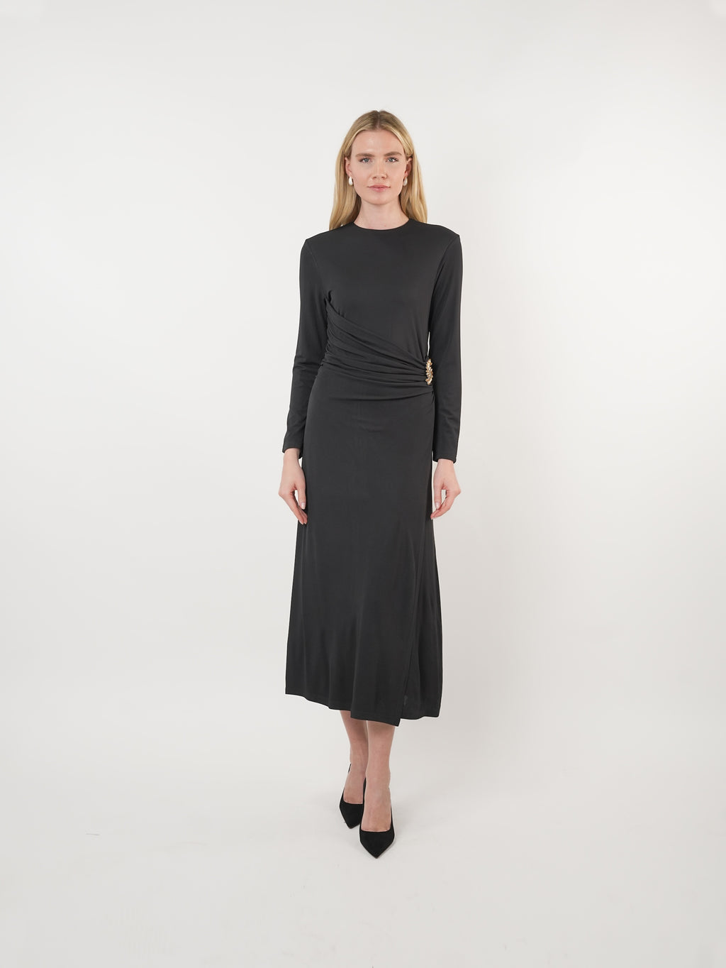 Mesh Ruched Embellished Maxi Dress