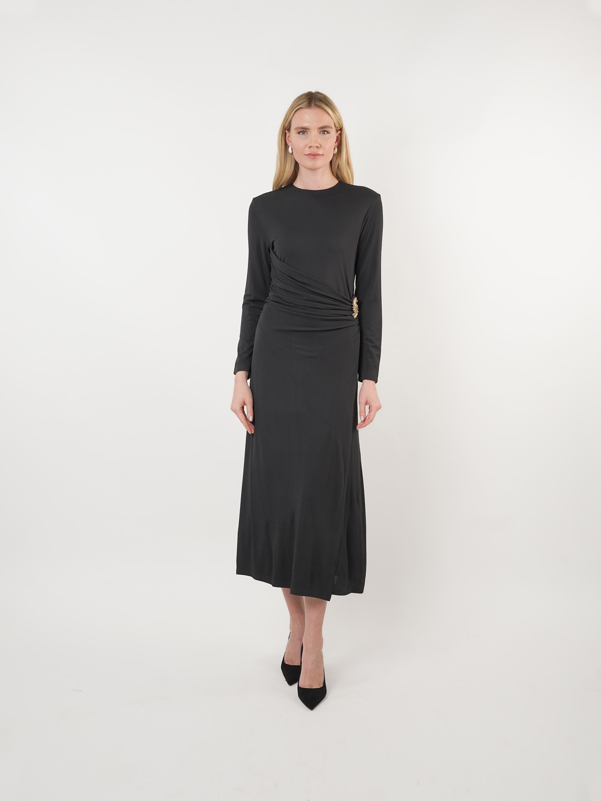 Mesh Ruched Embellished Maxi Dress