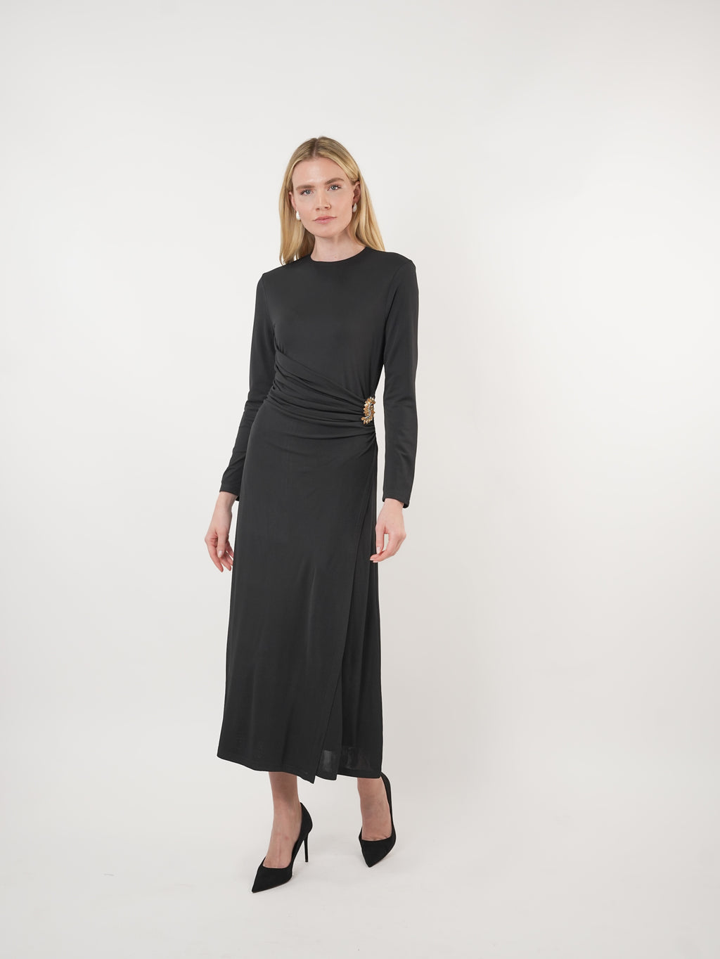 Mesh Ruched Embellished Maxi Dress