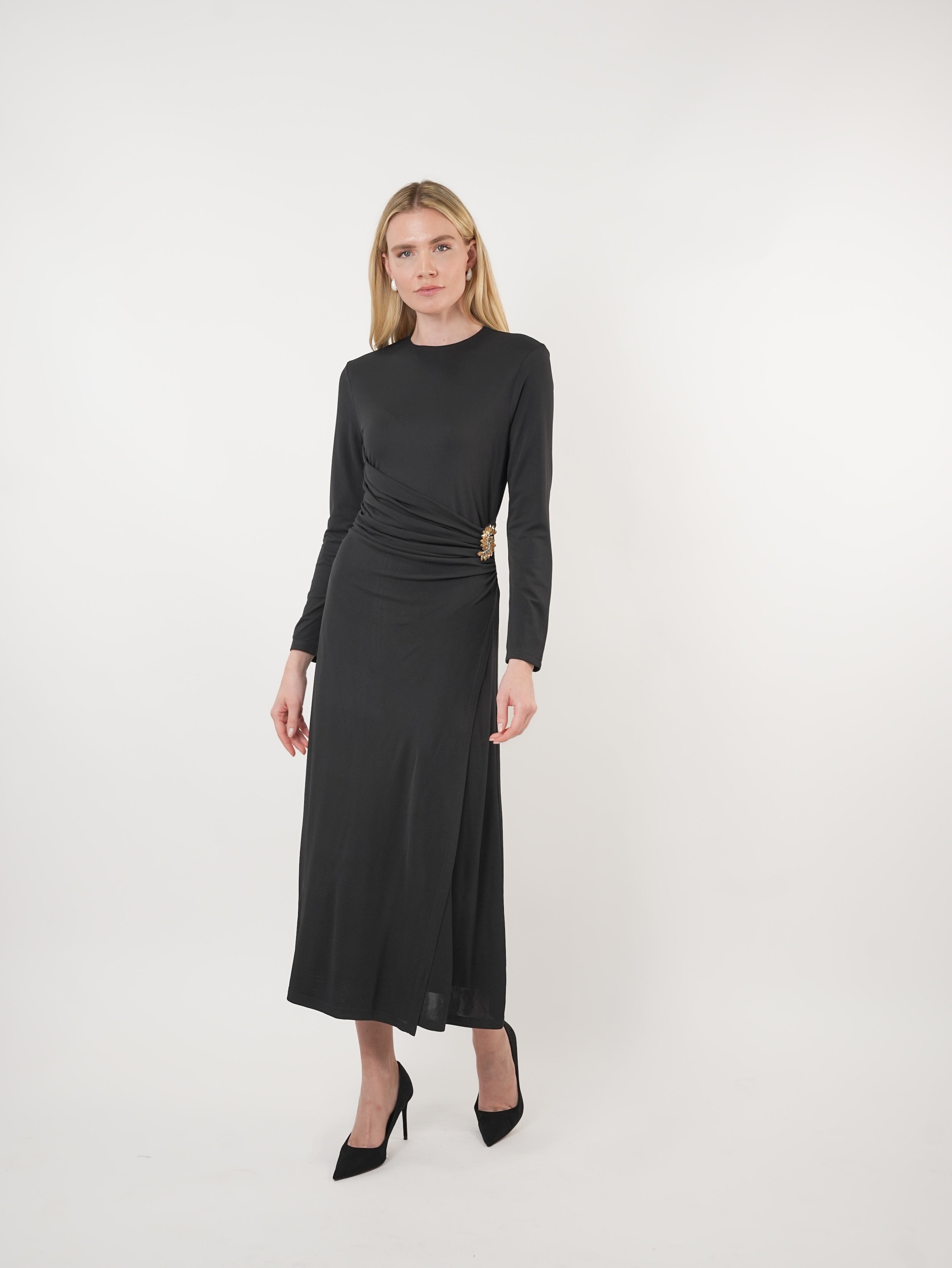 Mesh Ruched Embellished Maxi Dress