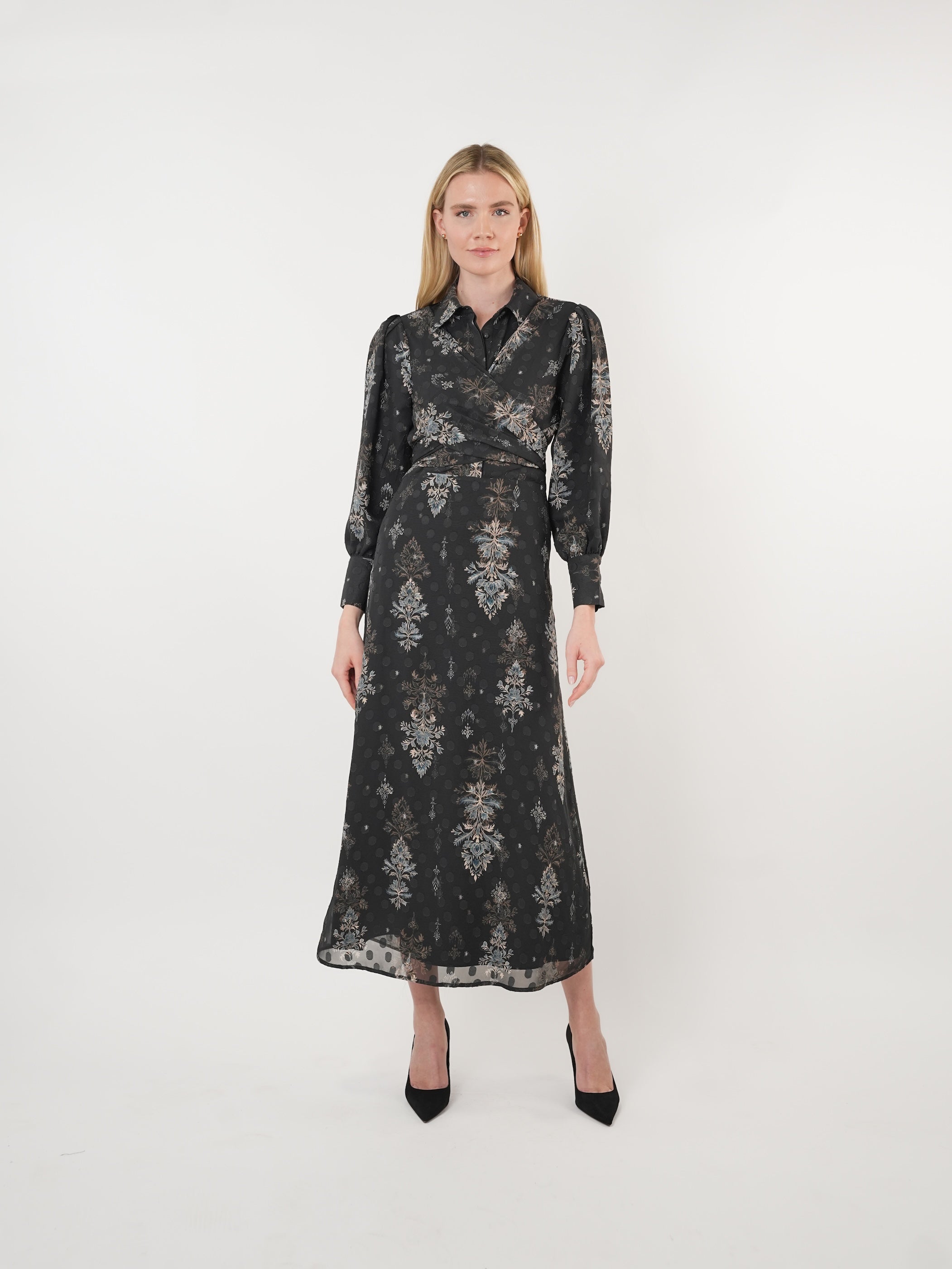 Chiffon Burnout Printed Cross-Over Maxi Dress