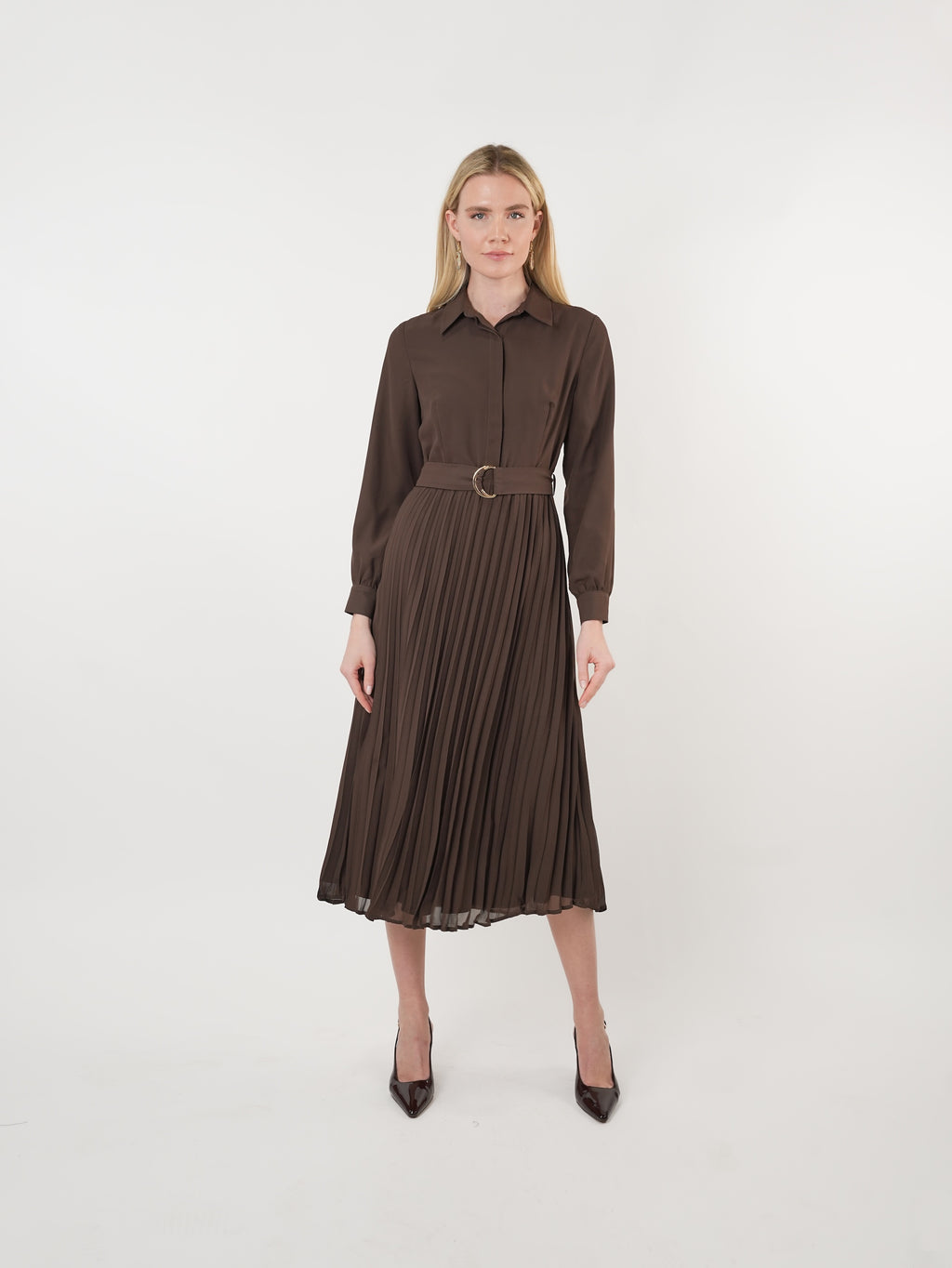 Chiffon Belted Pleated Midi Shirt Dress