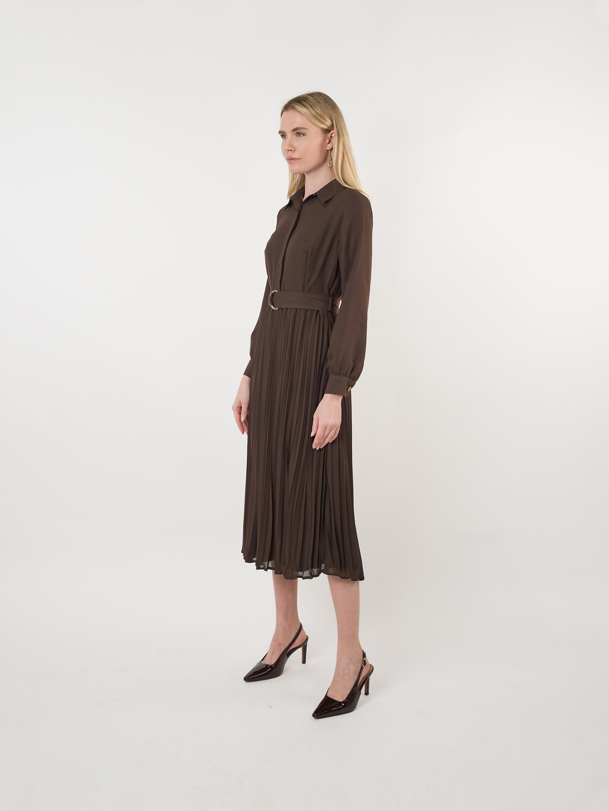Chiffon Belted Pleated Midi Shirt Dress