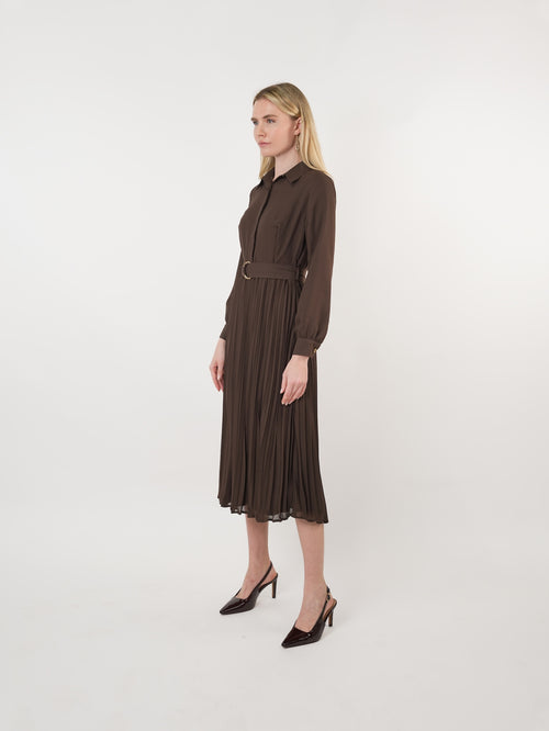 Chiffon Belted Pleated Midi Shirt Dress