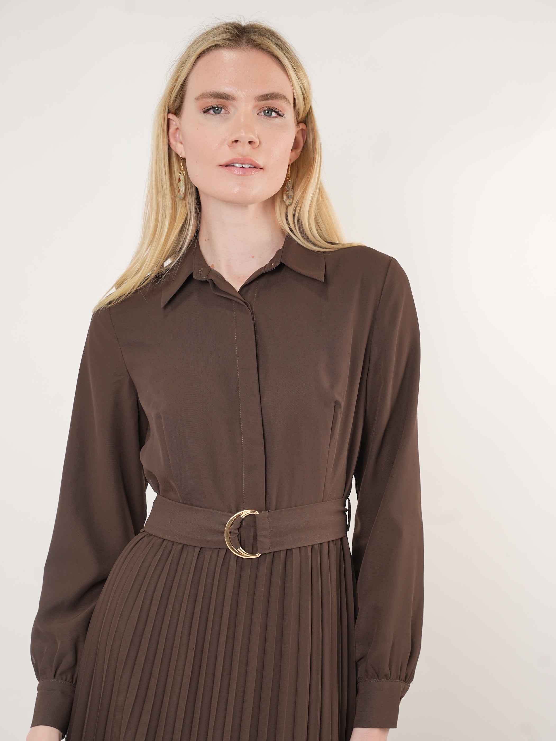 Chiffon Belted Pleated Midi Shirt Dress