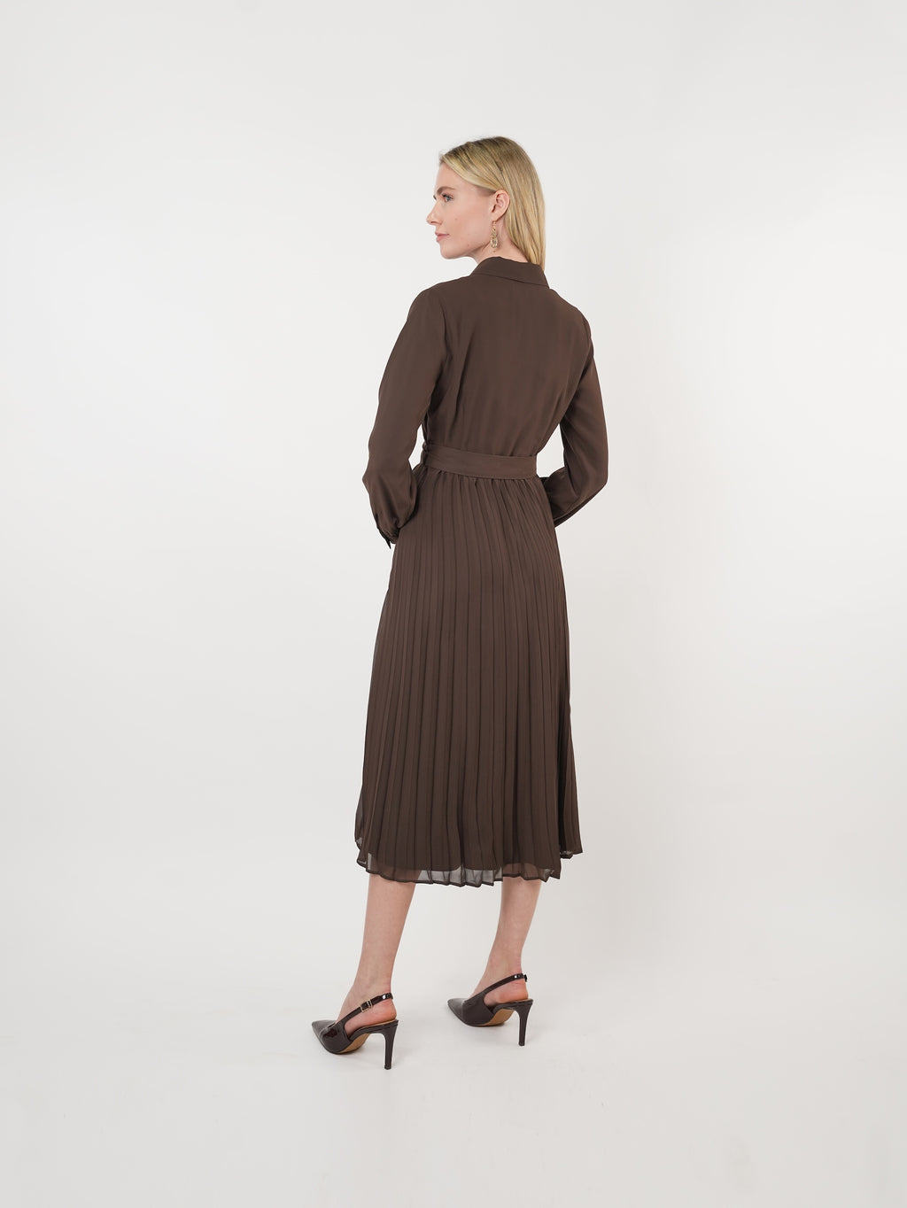 Chiffon Belted Pleated Midi Shirt Dress
