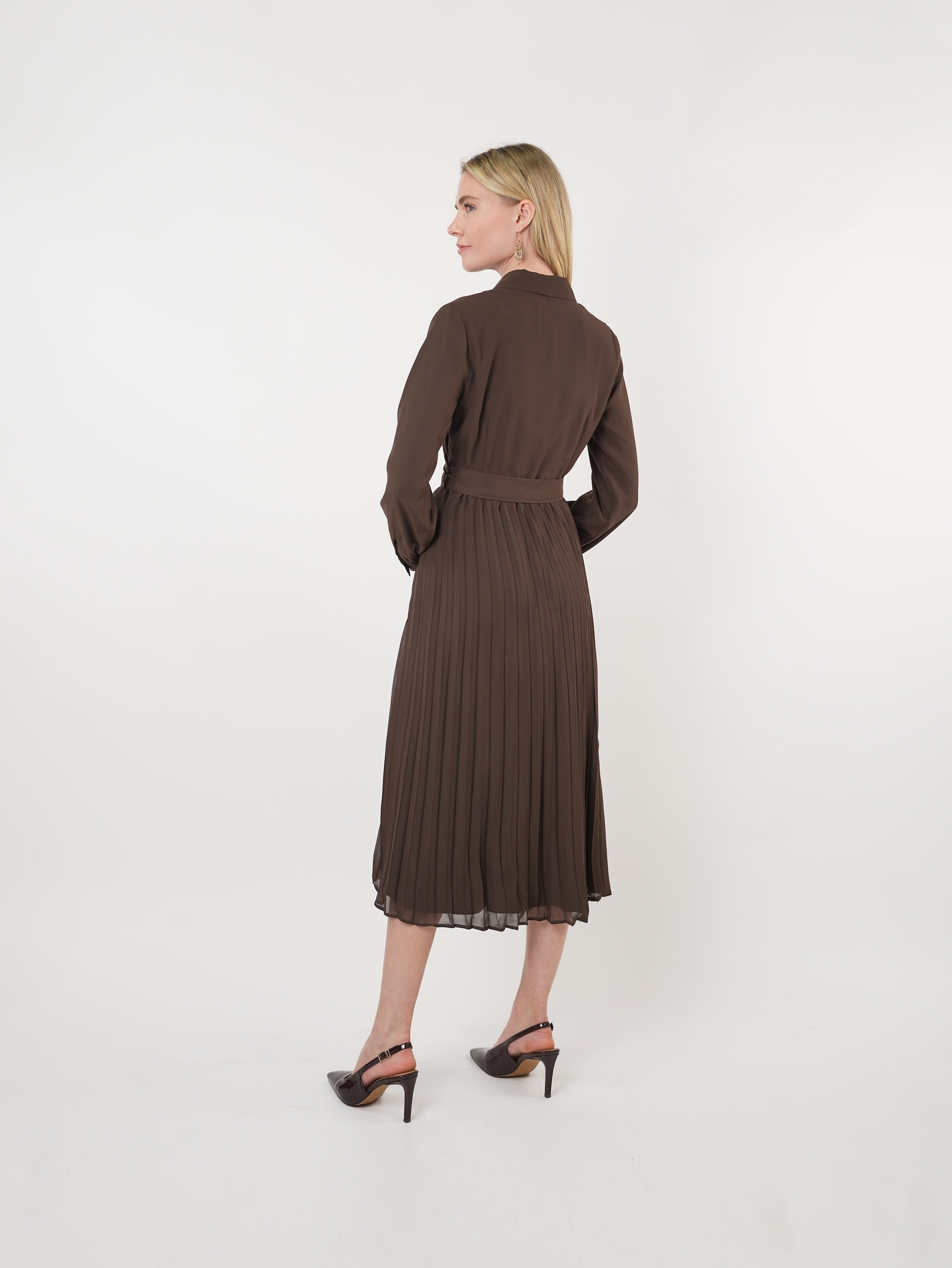 Chiffon Belted Pleated Midi Shirt Dress
