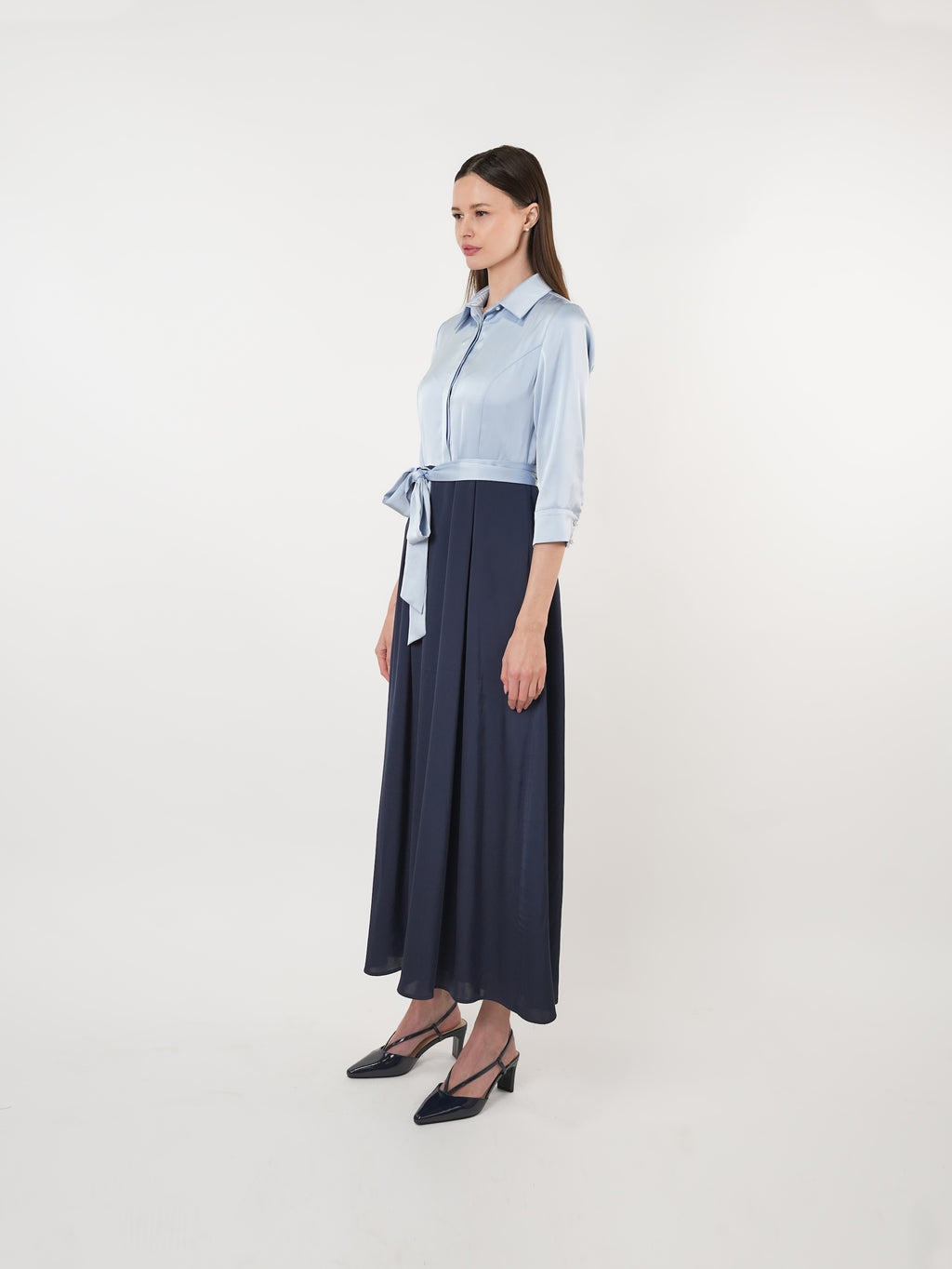 Satin Contrast Pearl Detail Maxi Shirt Dress