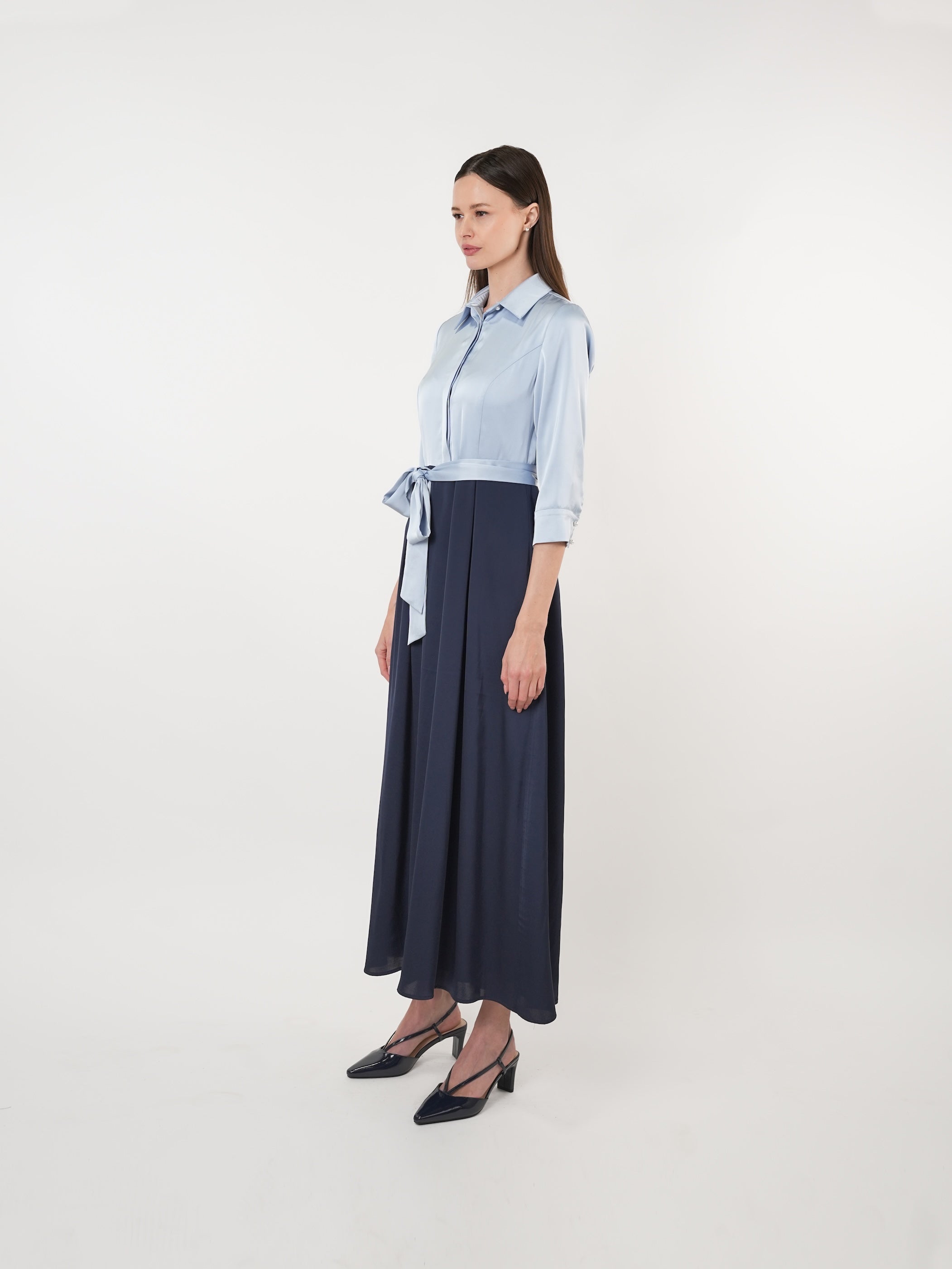 Satin Contrast Pearl Detail Maxi Shirt Dress