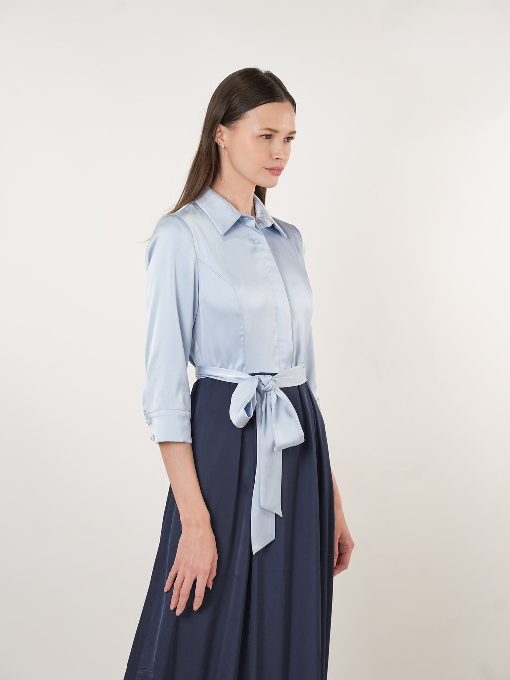 Satin Contrast Pearl Detail Maxi Shirt Dress