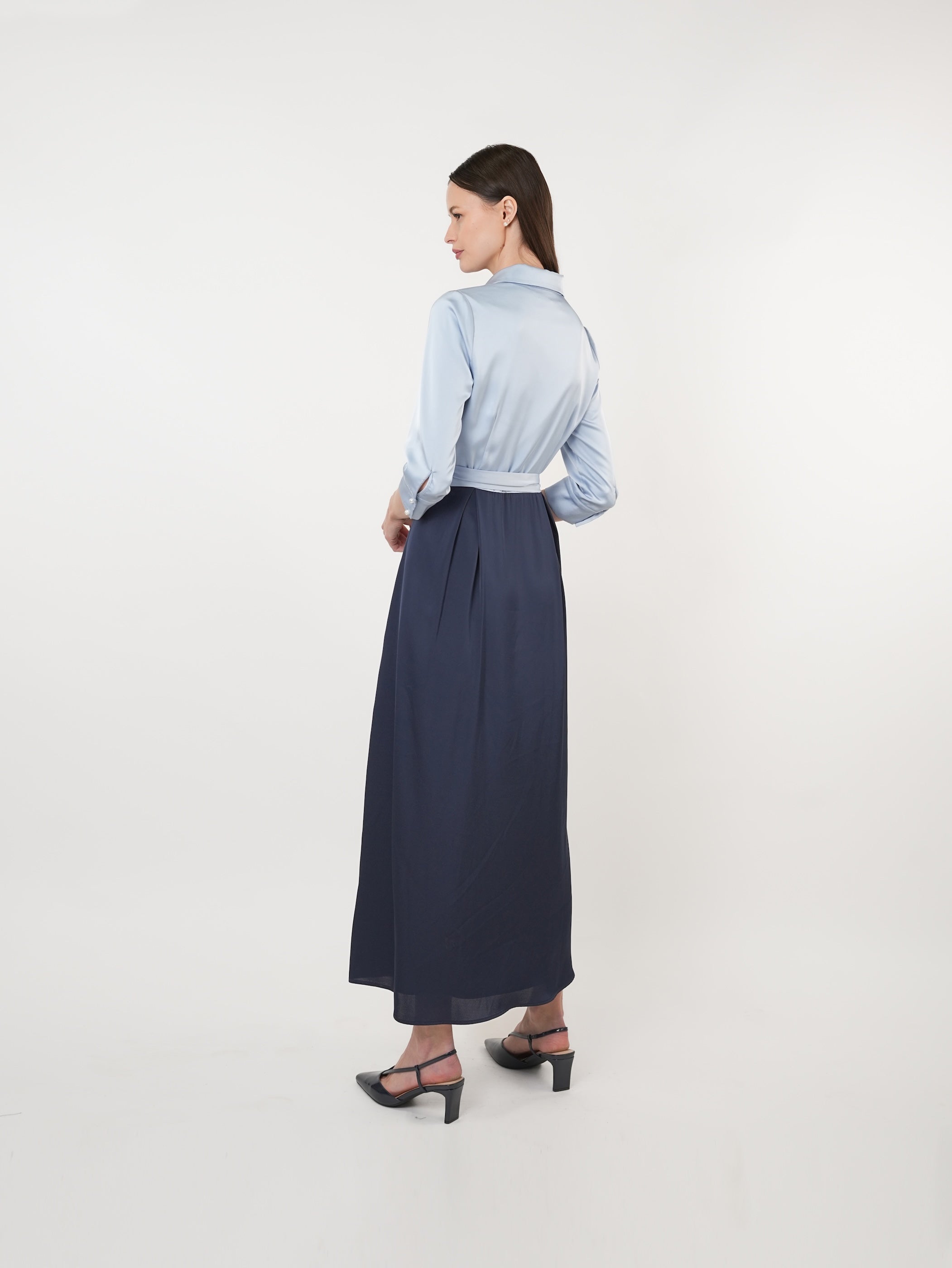 Satin Contrast Pearl Detail Maxi Shirt Dress