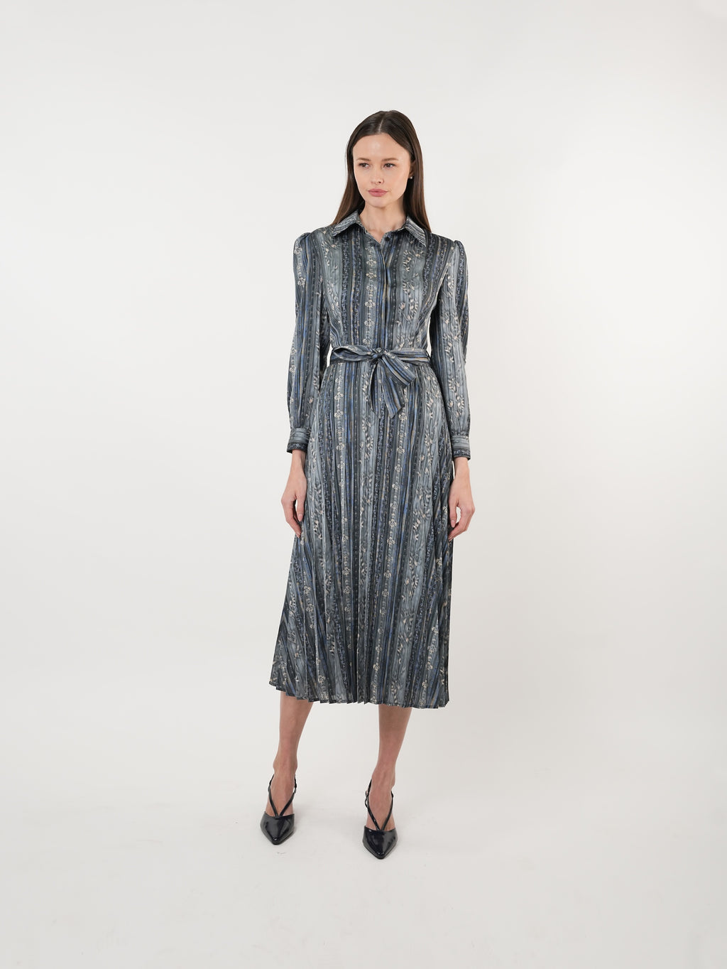 Satin Printed Pleated Midi Shirt Dress