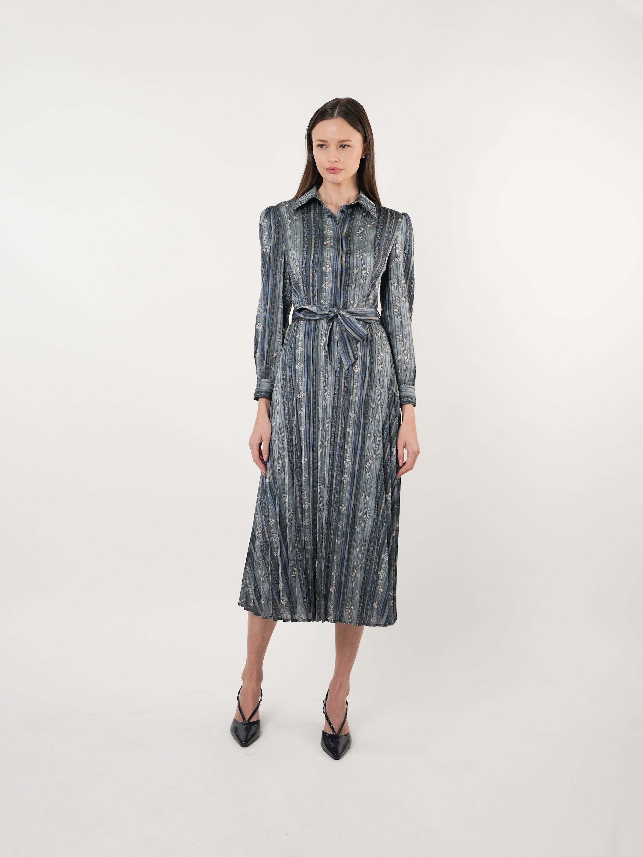 Satin Printed Pleated Midi Shirt Dress