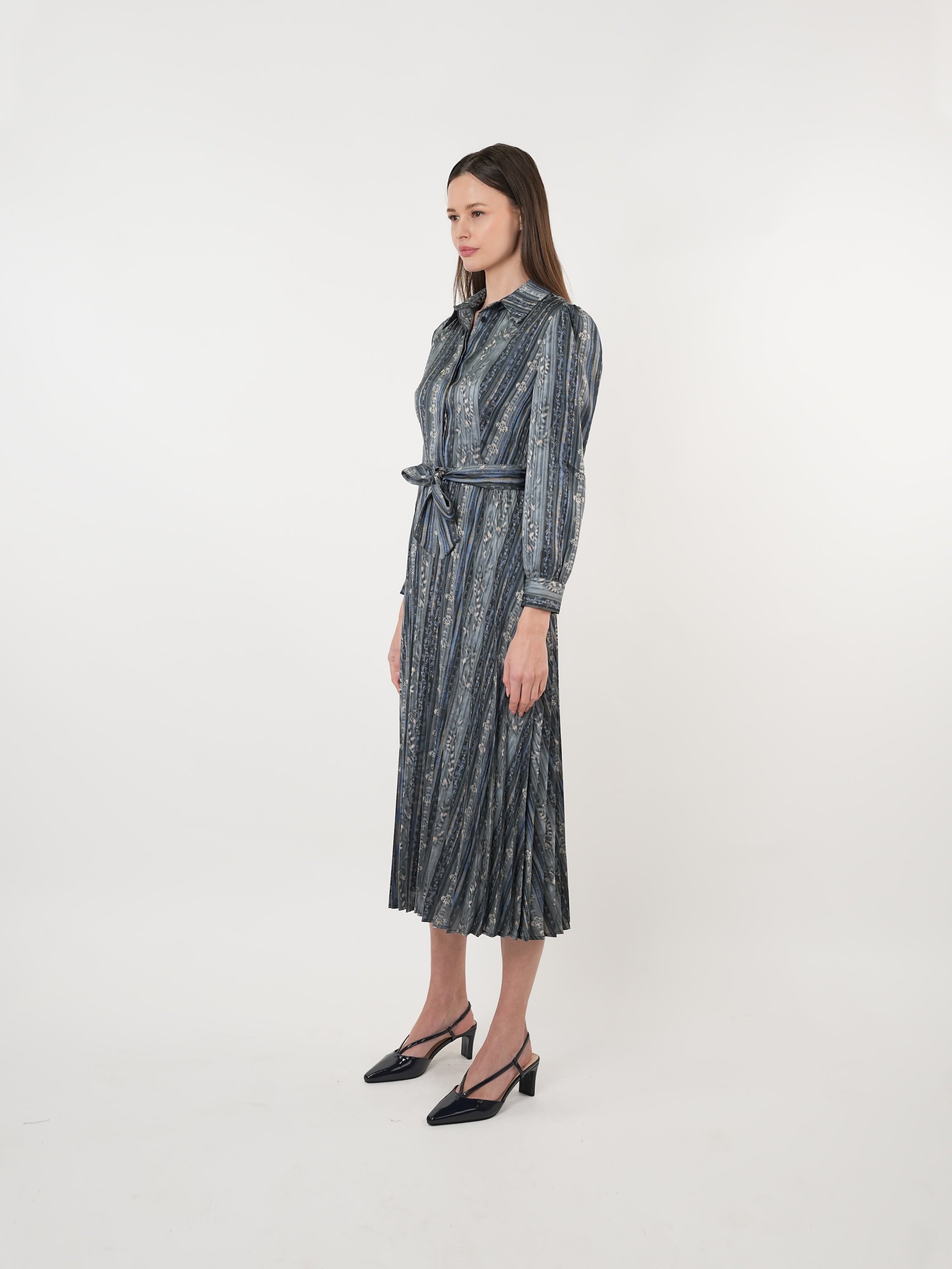 Satin Printed Pleated Midi Shirt Dress
