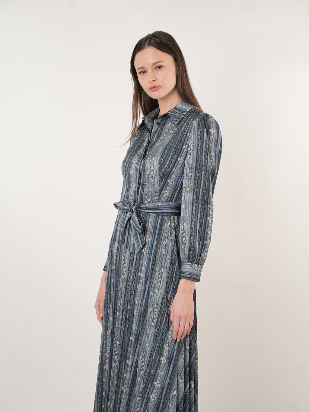 Satin Printed Pleated Midi Shirt Dress