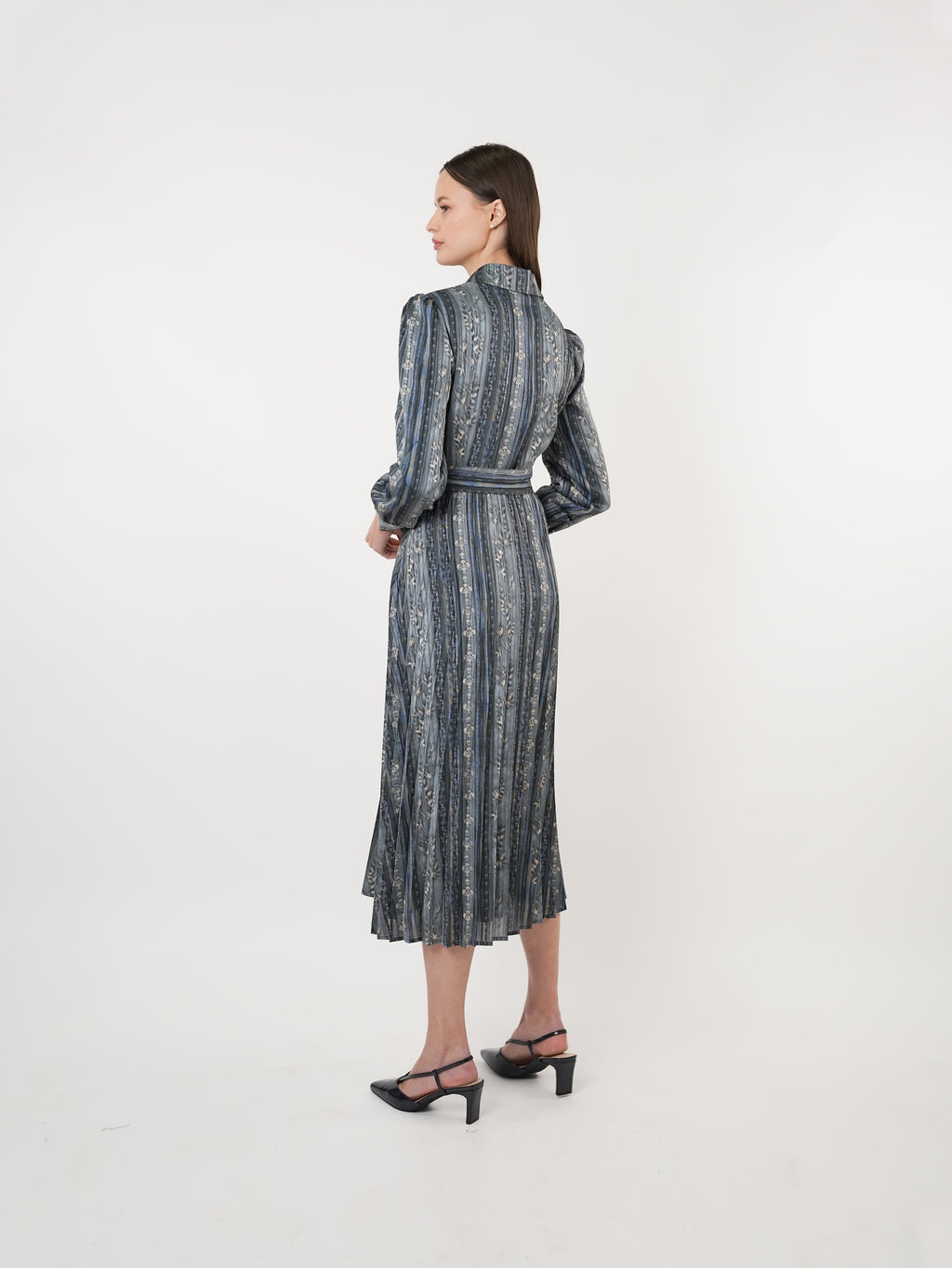 Satin Printed Pleated Midi Shirt Dress