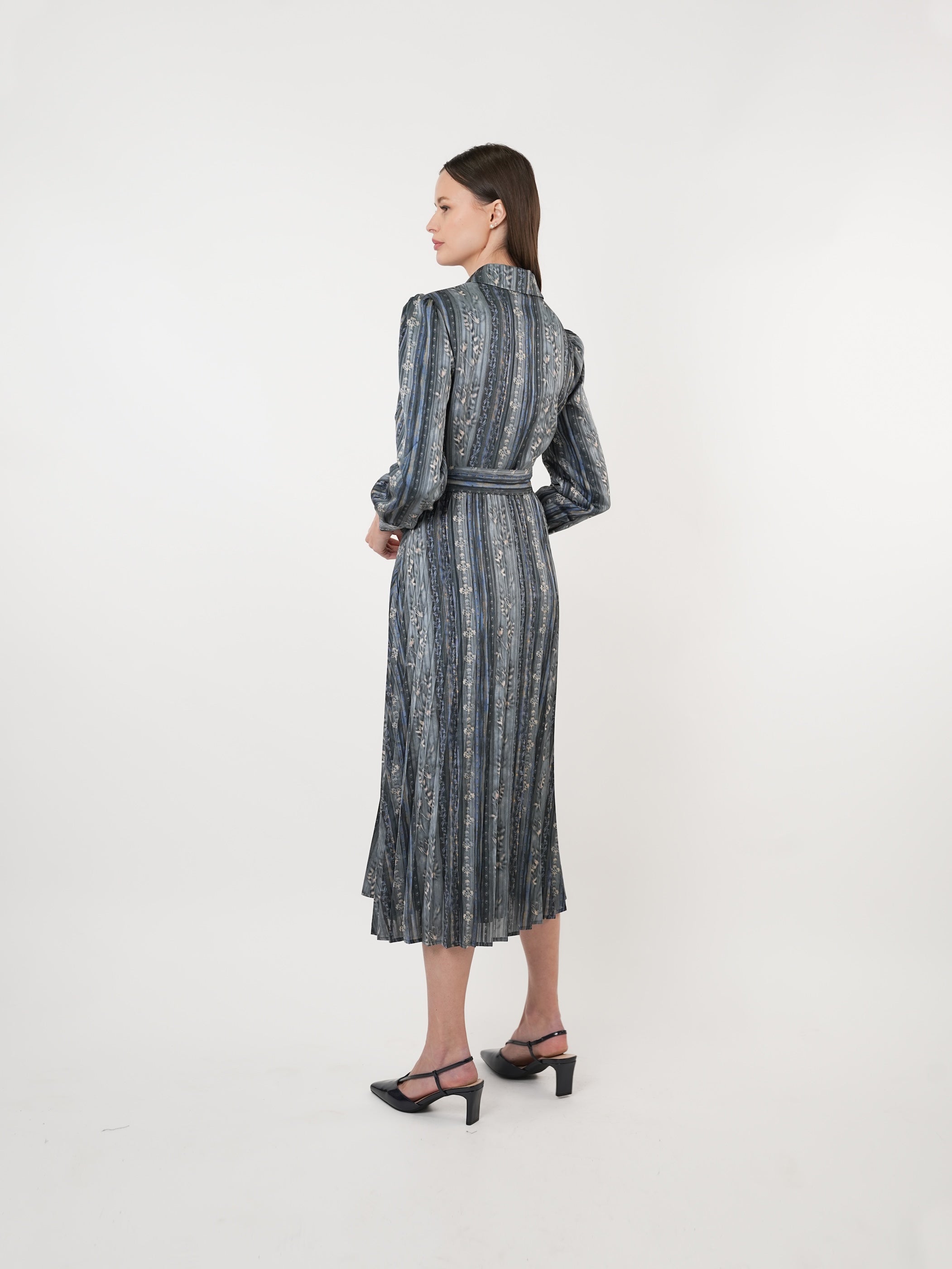 Satin Printed Pleated Midi Shirt Dress