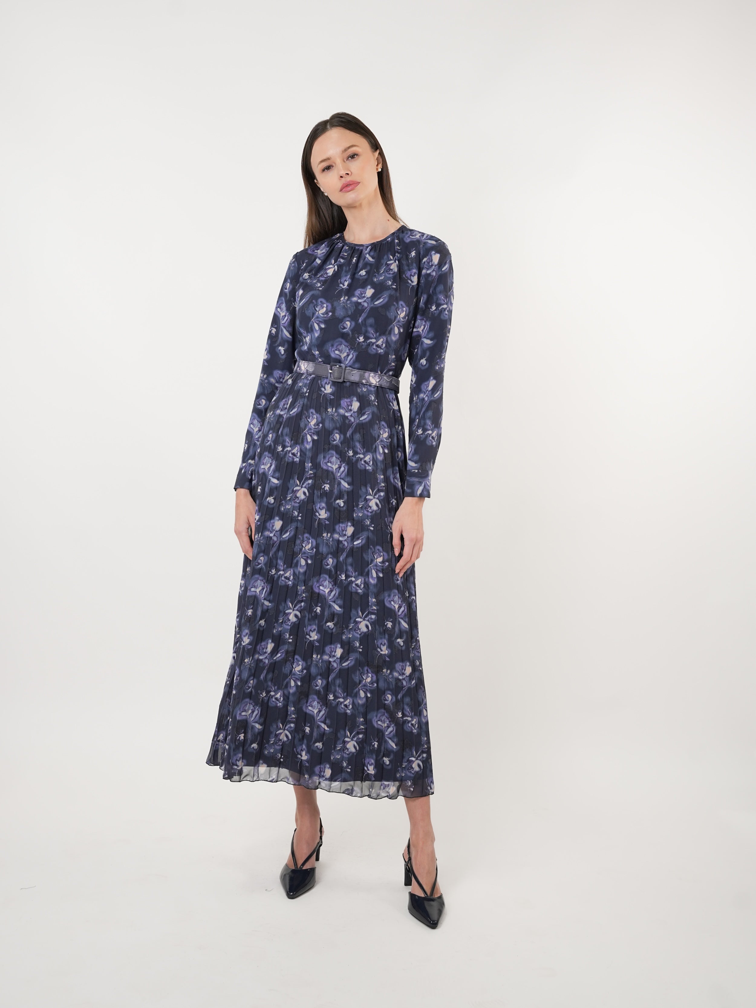 Chiffon Floral Textured Pleated Maxi Dress