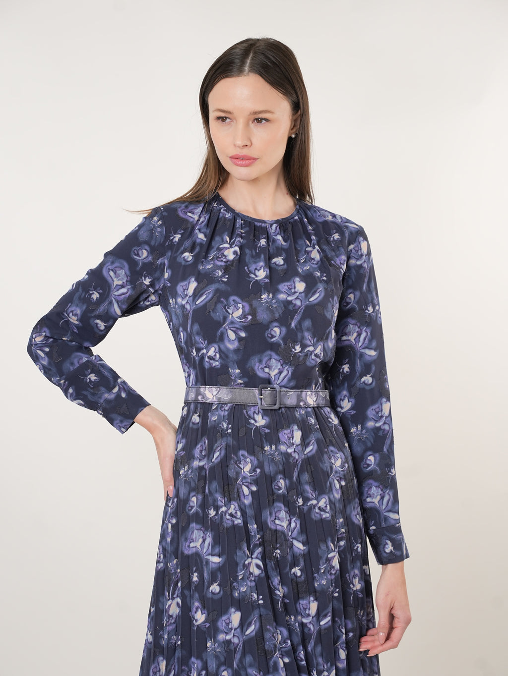 Chiffon Floral Textured Pleated Maxi Dress