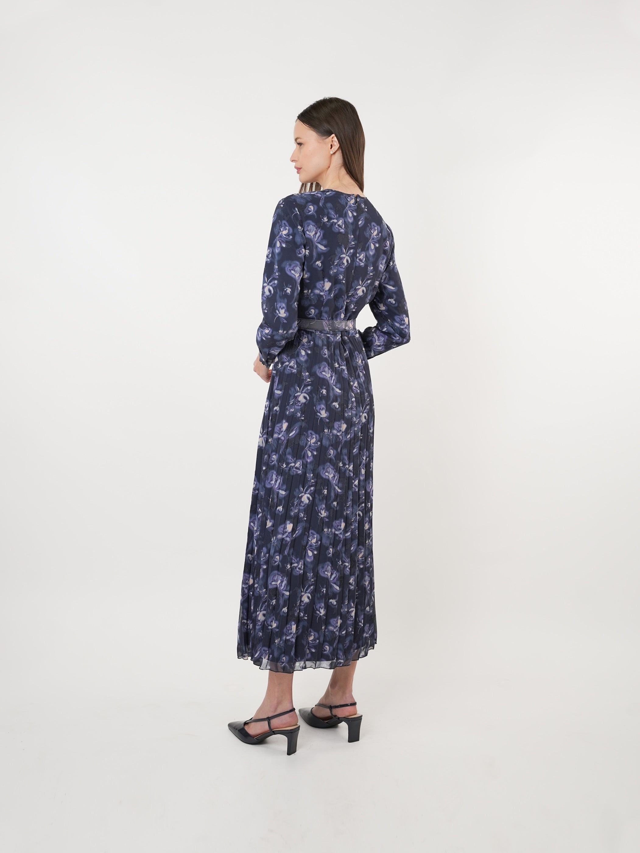 Chiffon Floral Textured Pleated Maxi Dress