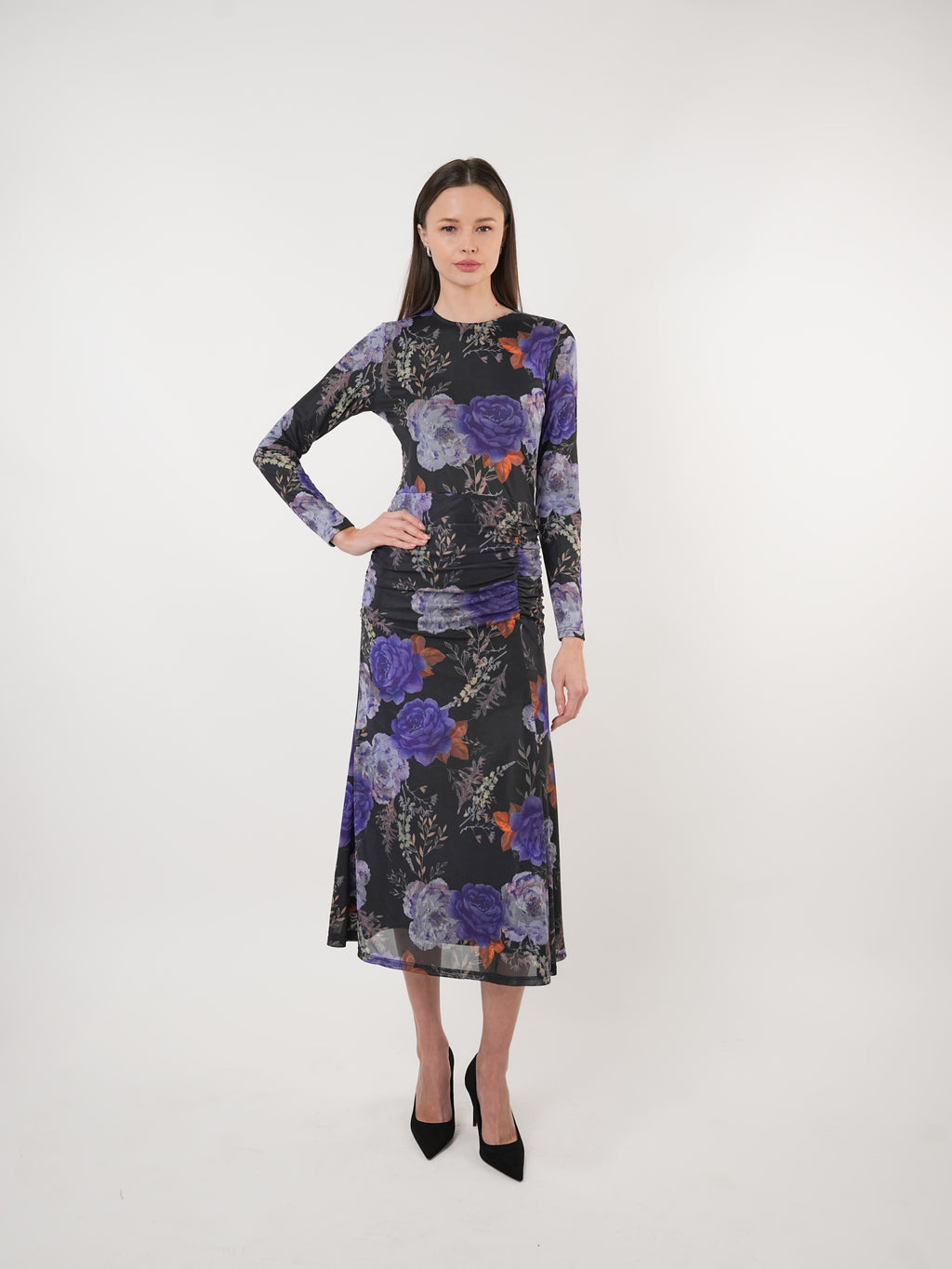Floral Mesh Gathered Midi Dress
